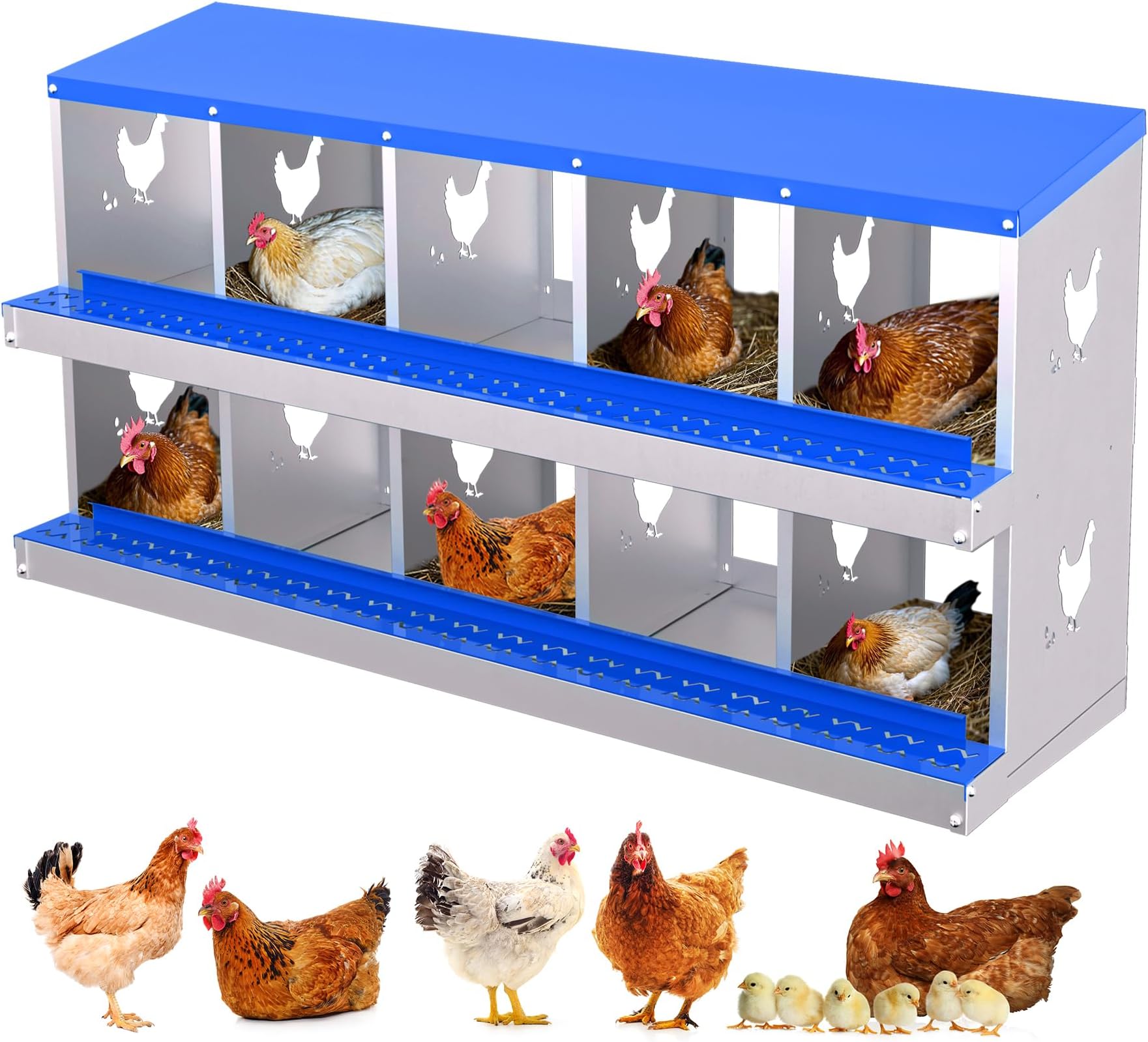Chicken Nesting Box,Ventilated Hen Laying Nest with Removable Easy-Clean Tray,Durable Egg Nesting Box for Poultry Coops & Backyard Hens,10 Compartments Without Leg