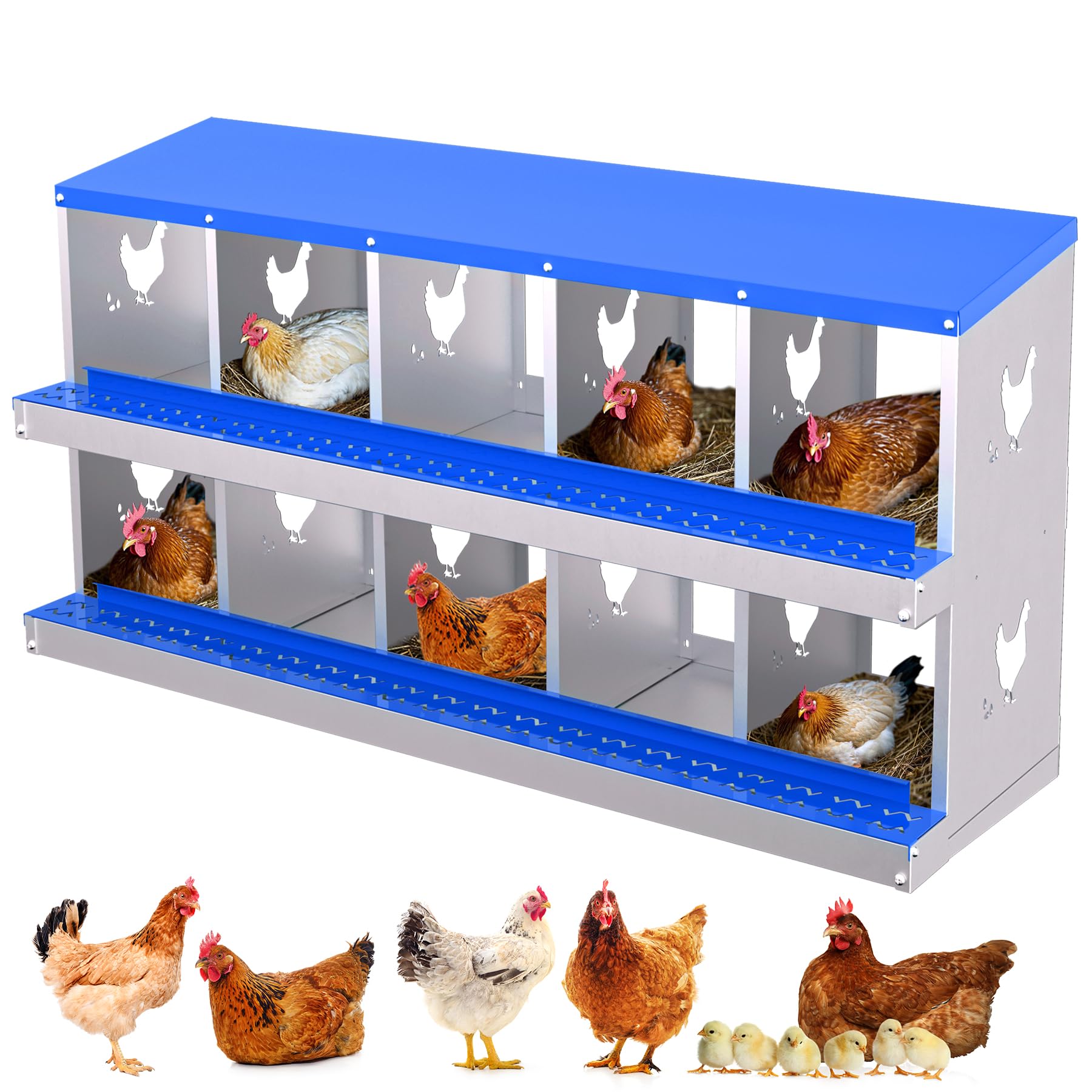 GarveeLife Chicken Nesting Box, 10 Compartment Galvanized Steel Chicken Laying Boxes, Nesting Boxes for Chickens, Easy Egg Collection for Chicken Coop, Backyard, Farms, Blue, 10-Hole, Blue