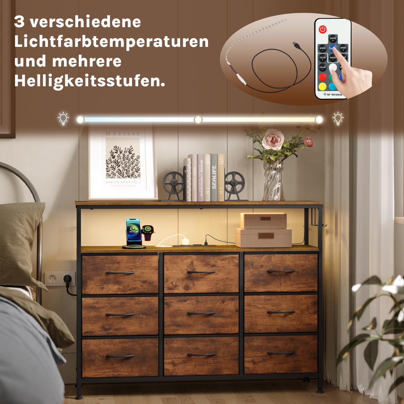WOLTU Kommode mit 9 Stoffschubladen, LED und Steckdosen, Schubladenschrank mit Metallrahmen, Sideboard Wohnzimmer Schlafzimmer Flur, Rustikales Braun Schwarz