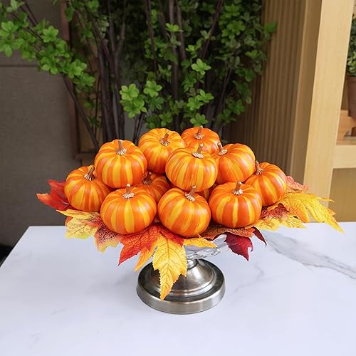 Miniatura 9 de Winlyn 12 calabazas artificiales pequeñas naranjas decorativas, calabazas de espuma sintética a rayas amarillas para otoño, rústico, Acción de