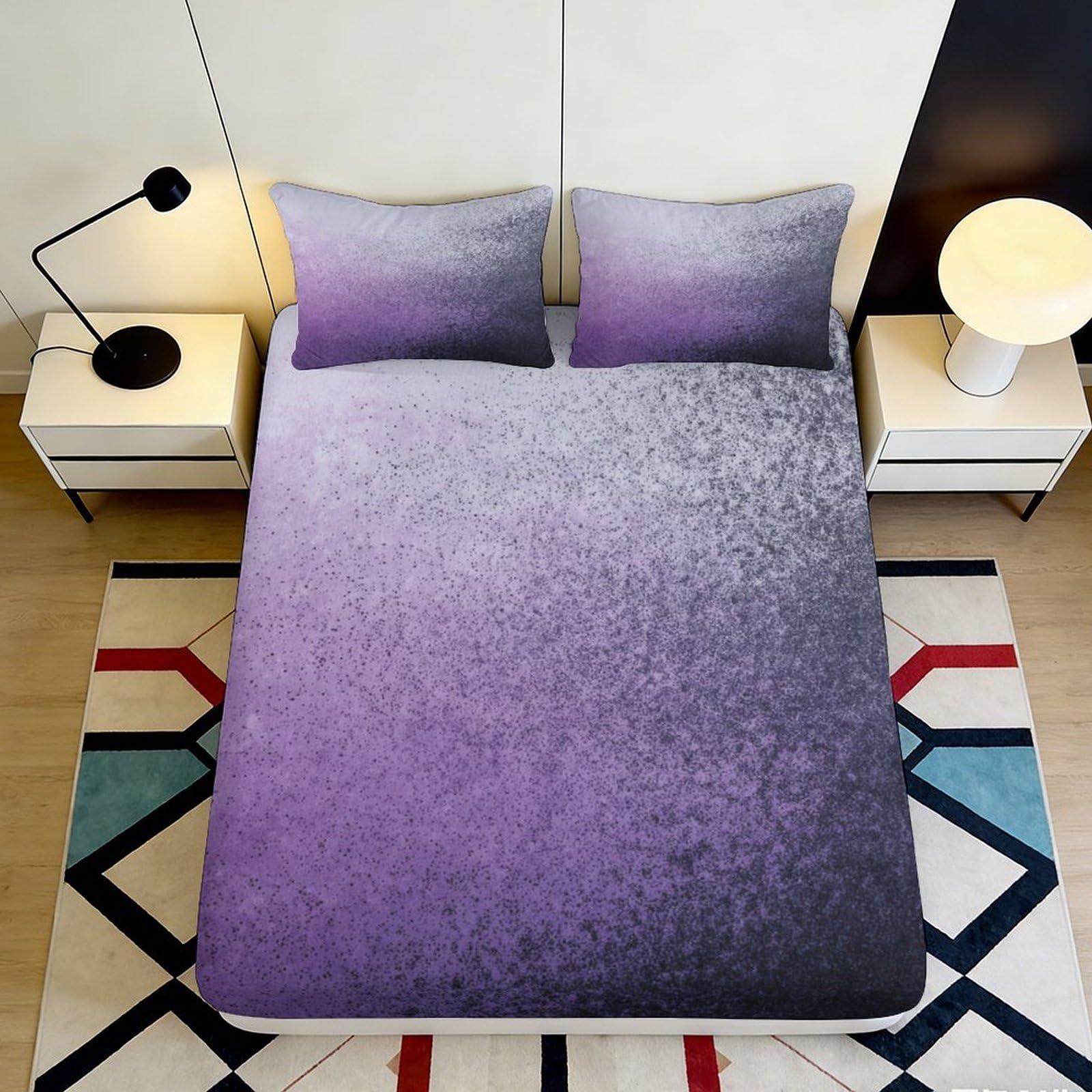 3D Printed Purple Ombre Fitted Sheet Microfiber Soft Bedroom Decor Gradient Abstract Mattress Cover for All Ages 180x200x25cm