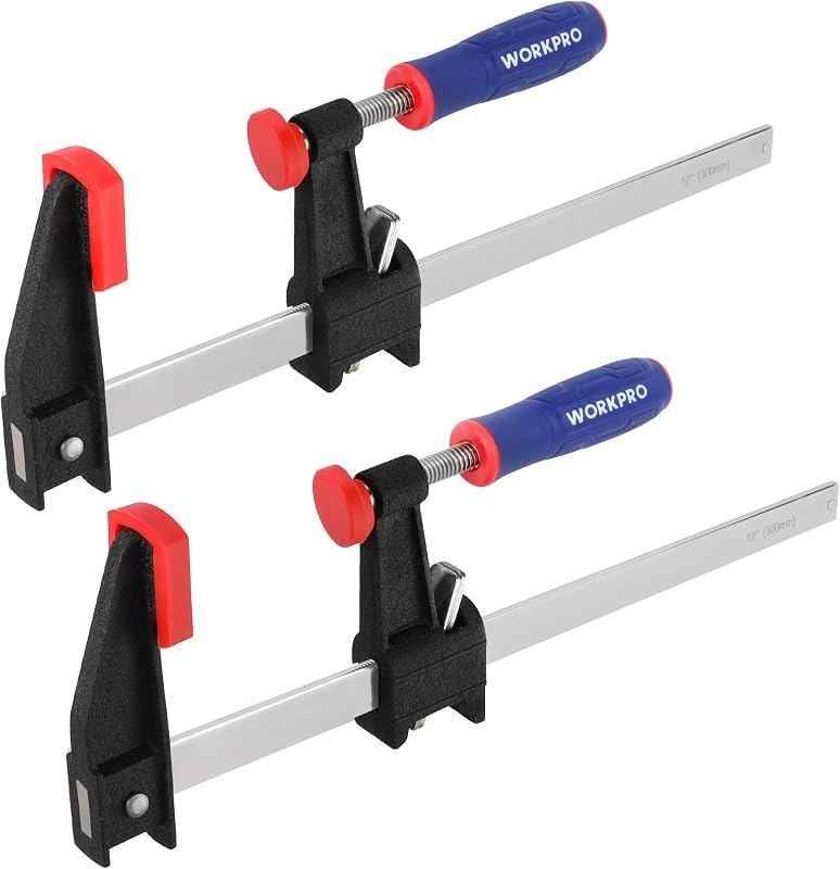 WORKPRO Abrazaderas de barra de acero de 2 piezas de 12" con garganta de 2-1/2" y límite de carga de 600 libras | Abrazaderas de madera de liberación rápida con mango de microajuste y almohadillas de mandíbula de plástico, abrazadera F de acero para carpintería, metalurgia, bricolaje