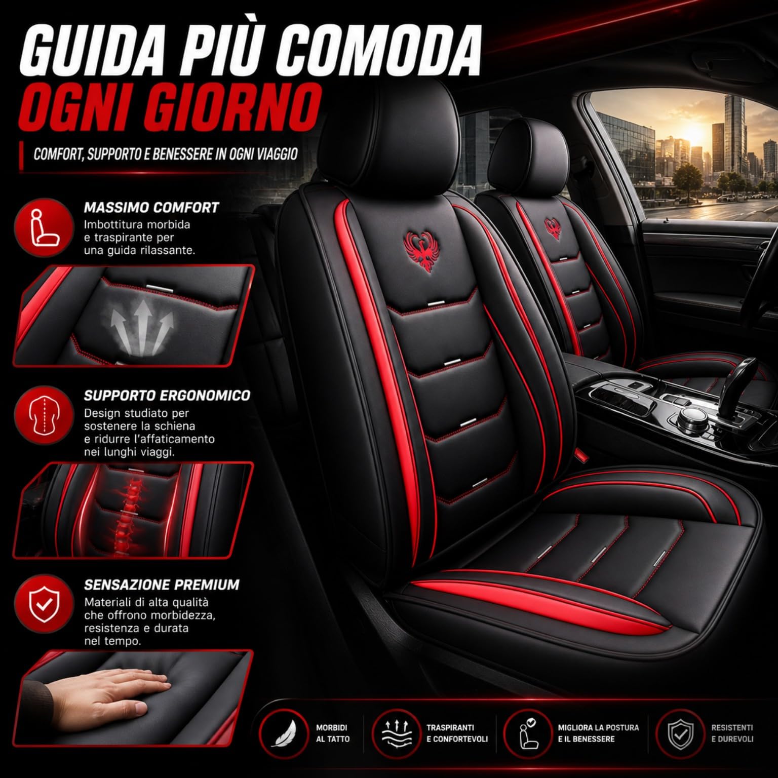 Car Passion 2 Coprisedile Auto Universale Sportivo Qualità Superiore in Ecopelle Anteriore con Poggiatesta Compatibile con Airbag Laterale Protezione Sedile Look Dinamico (2 Coprisedili Rosso)