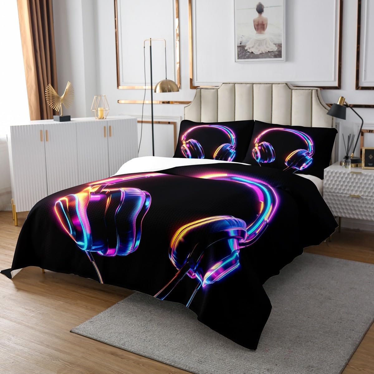 Feelyou Earphone Bedspread Cool Gaming Bedspread for Kids Boys Girls Rock Music Coverlet Set Game Controller Quilted Bedroom Collection 2Pcs Twin Size