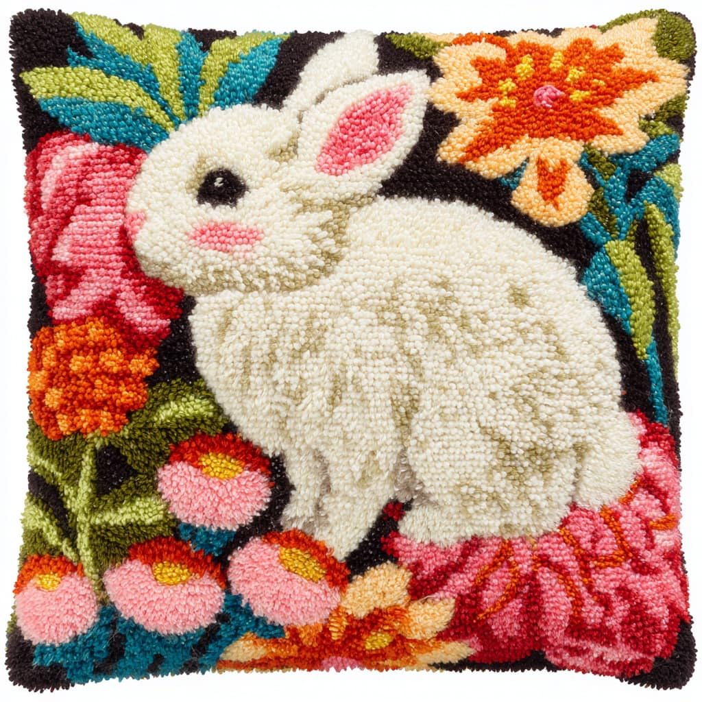 Henypt Latch Hook Pillow Case Kits, Rabbits and Flowers