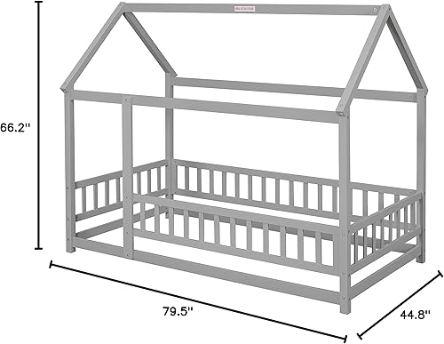 Miniatura 9 de Verfur Cama de casa de tamaño individual con valla, camas Montessori con techo, marco de cama de piso de madera maciza, marco de cama de casa de