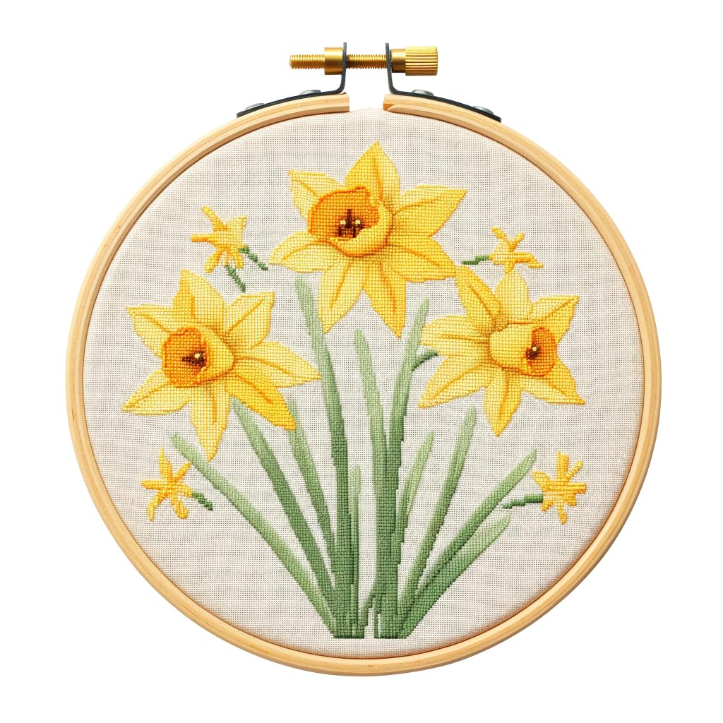 Generic Cartoon Simple Daffodils Flower DIY 11CT Stamped Cross Stitch Kits Easy for Beginners Children with Hoop Needlepoint Counted Embroidery Kits Art Craft Wall Decoration 14x14inch(4)