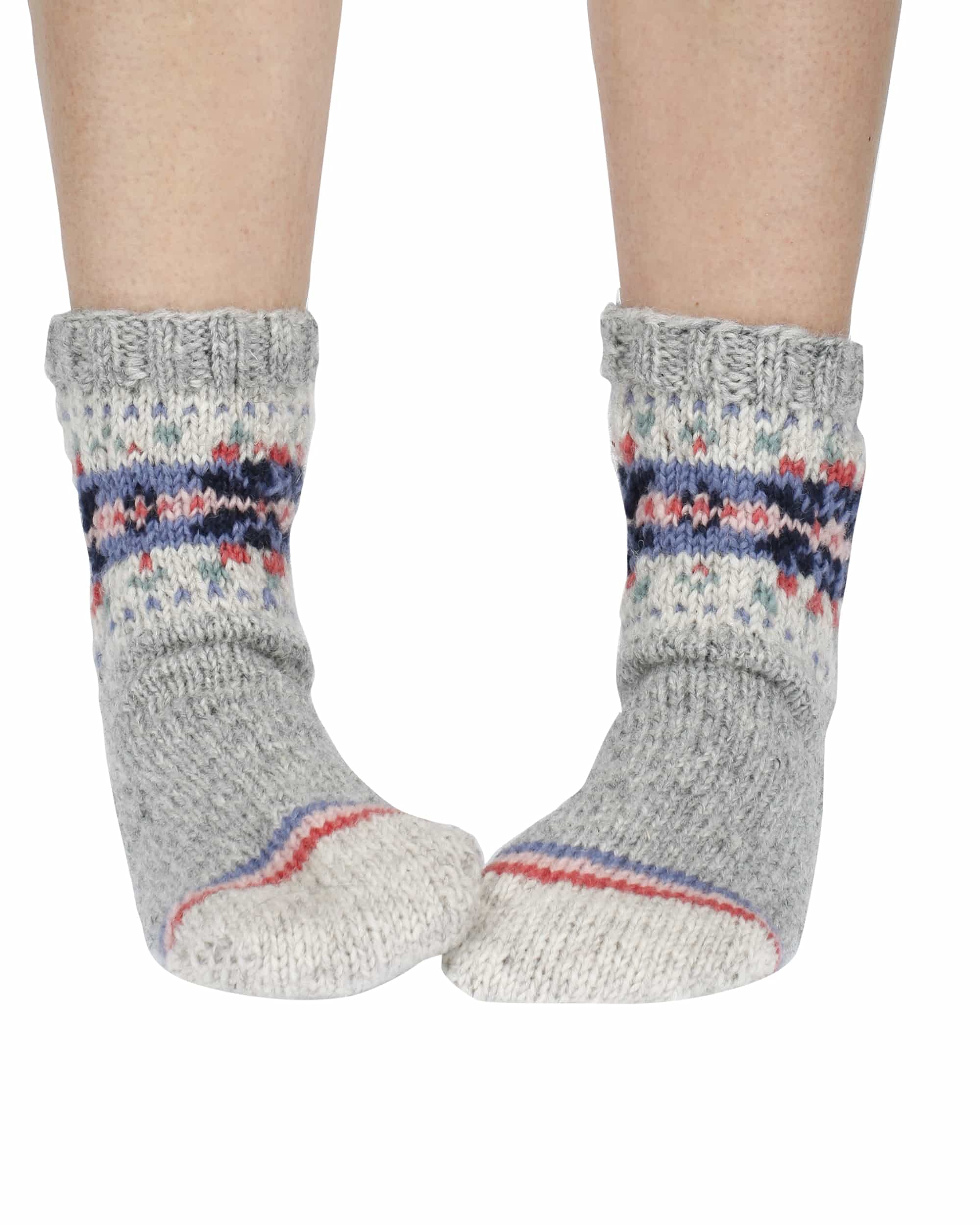 PachamamaWomen 100% Wool Bed Sofa Socks Handknitted Stripe Fair Isle Grey Medium 4-7 Handmade Extra Warm Fair Trade