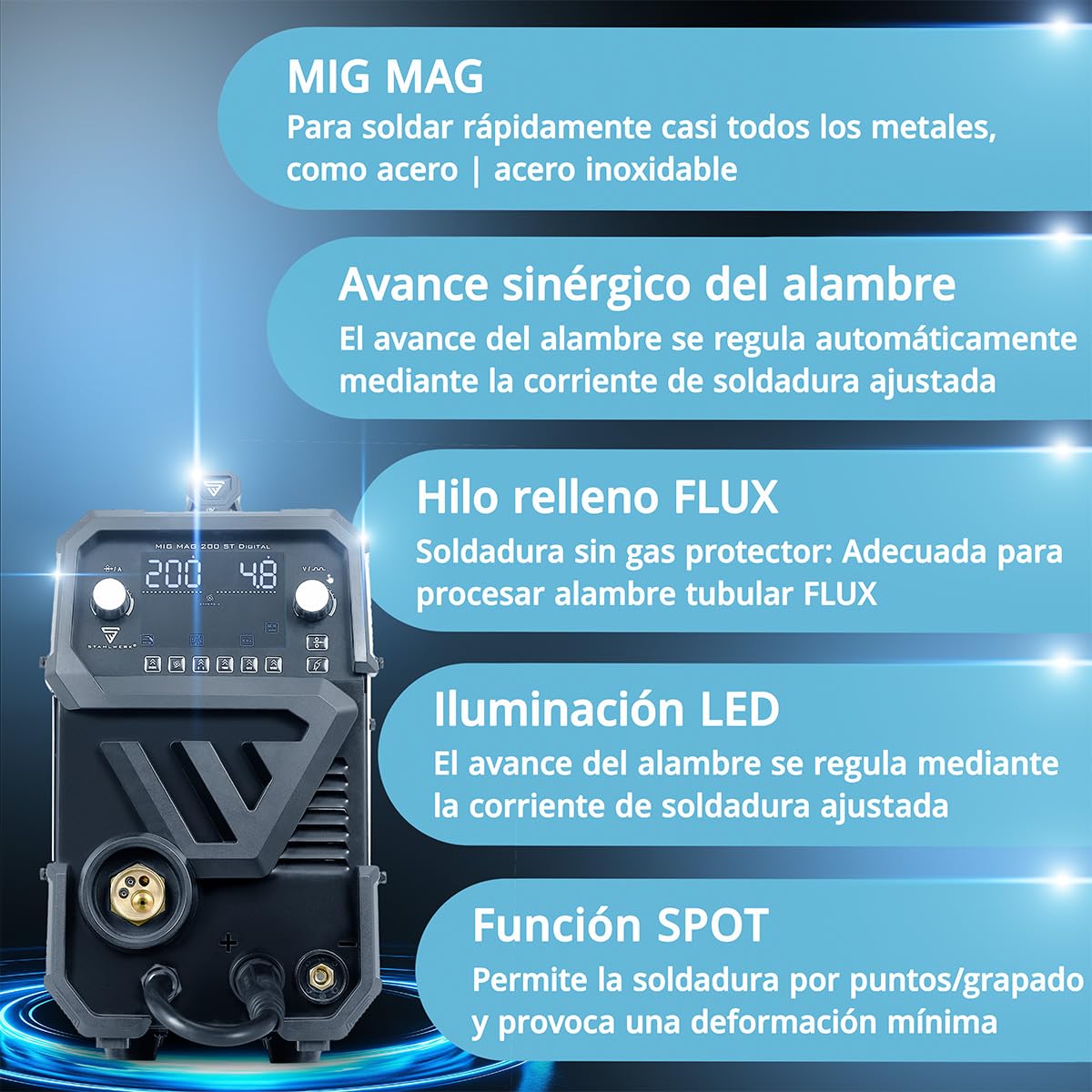 STAHLWERK Soldador MIG/MAG 200 ST Digital – Máquina de soldar | Inverter con 200 A, MMA (Electrodo/ARC), FLUX (hilo hueco), posibilidad de soldar sin gas, Spot, avance de hilo sinérgico