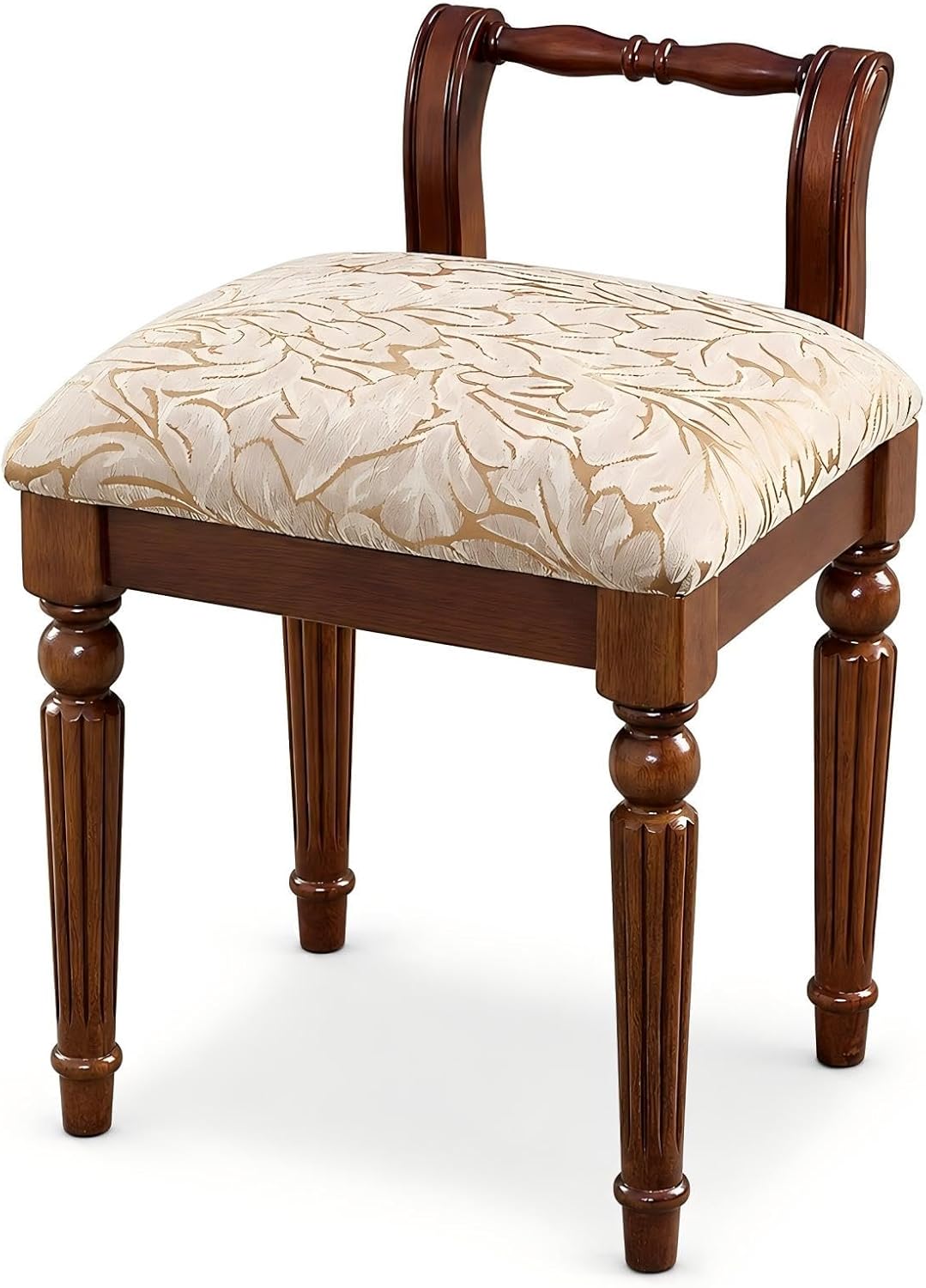 Vanity Chair with Back, Wooden Makeup Stool with Cushioned Jacquard Seat, Vintage Dressing Table Chair for Bedroom, Bathroom, Entryway, Small Space Use(Walnut)