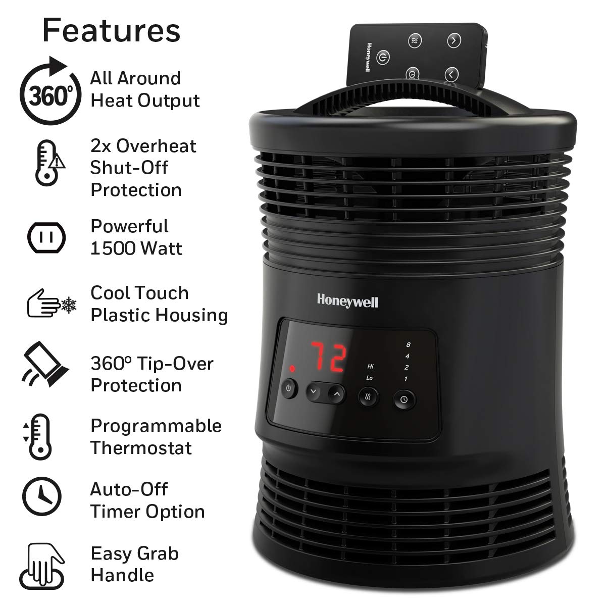 Honeywell HHF370B 360 Degree Surround Fan Forced Heater with Surround Heat Output Charcoal Grey Energy Efficient with Adjustable Thermostat & 2 Heat Settings