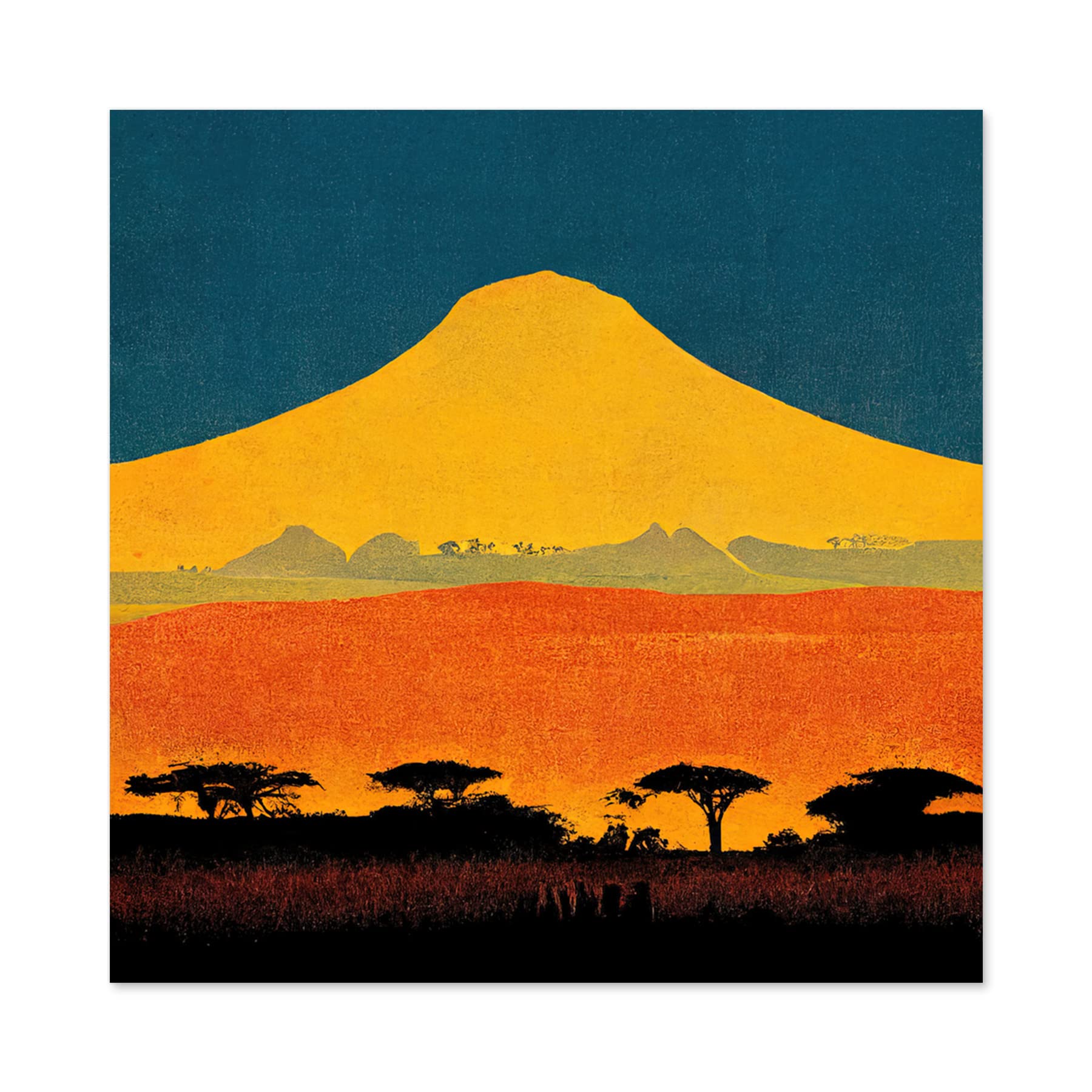 Wee Blue Coo Mount Kilimanjaro Savanna Tanzania Africa Retro Landscape Mountain Yellow Blue Orange Premium Wall Art Canvas Print 24X24 Inch