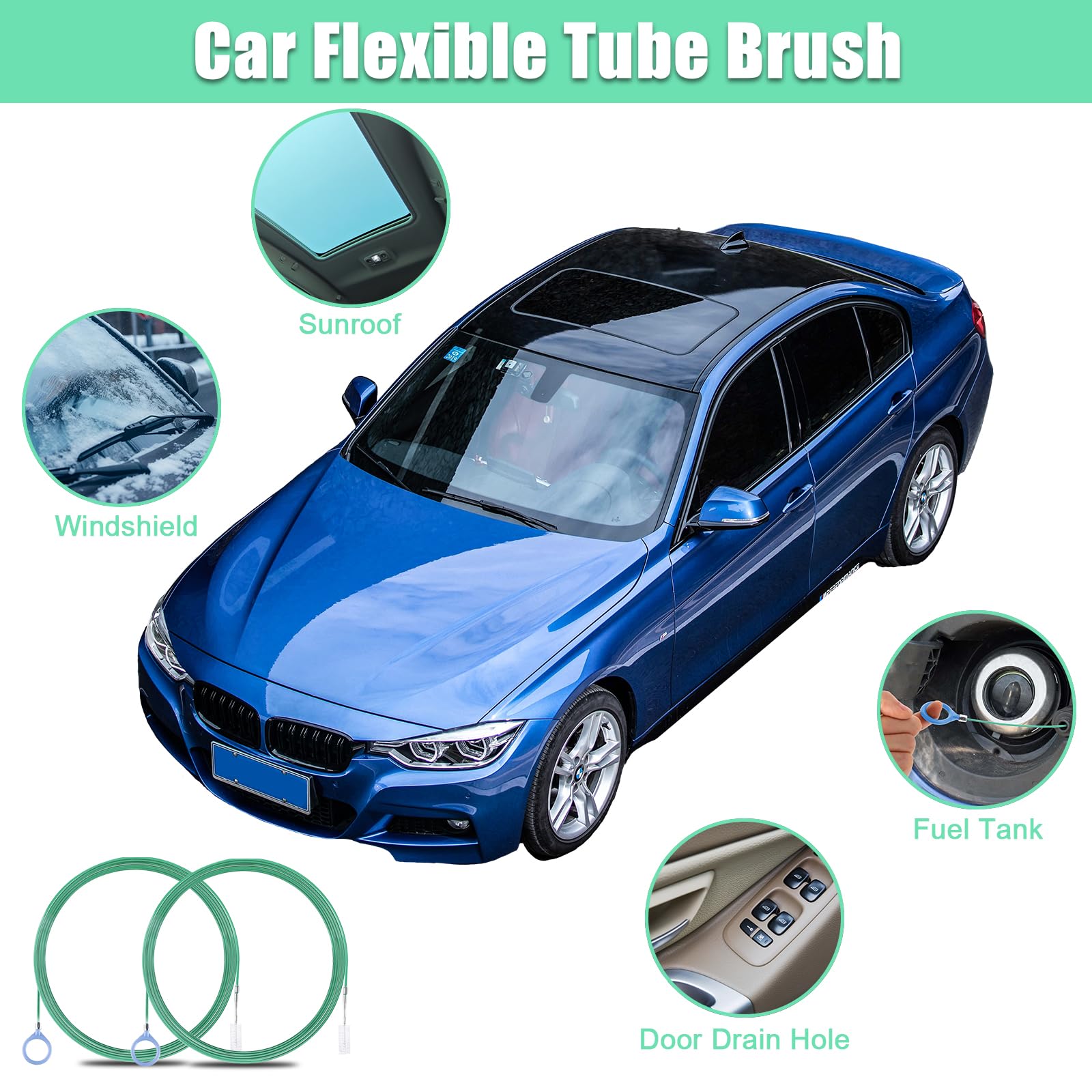 2Pzs Cepillo de Tubo de Alimentación Flexible en Espiral, 3+5m Desatascador de Drenaje de Techo Solar de Coche Extra Largo, Herramientas de Limpieza de Techo Corredizo de Automóvil para Desagües