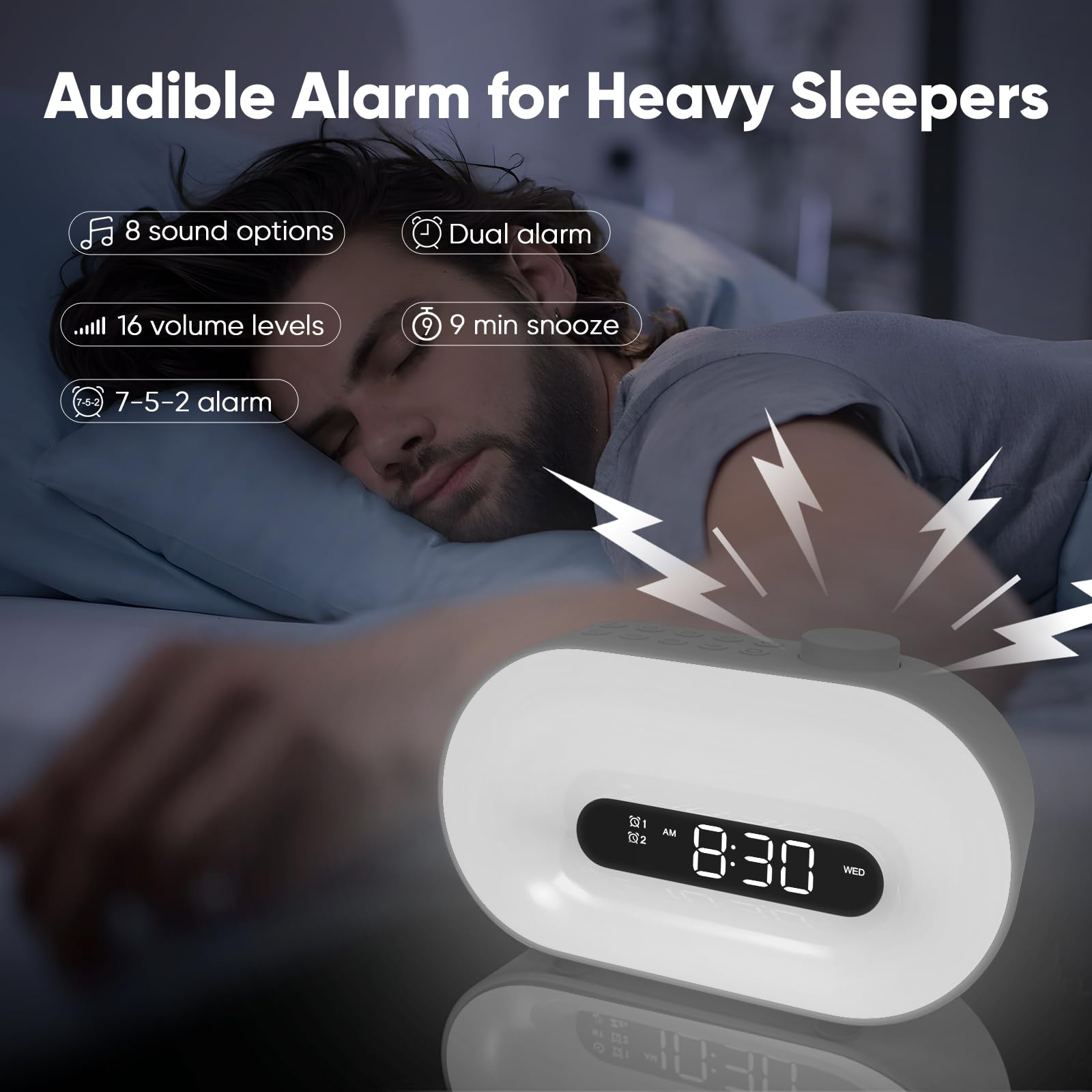 Lampe de Réveil Bluetooth avec Radio FM, 2 Alarmes, 16 Couleurs, Snooze, 8 Sonneries