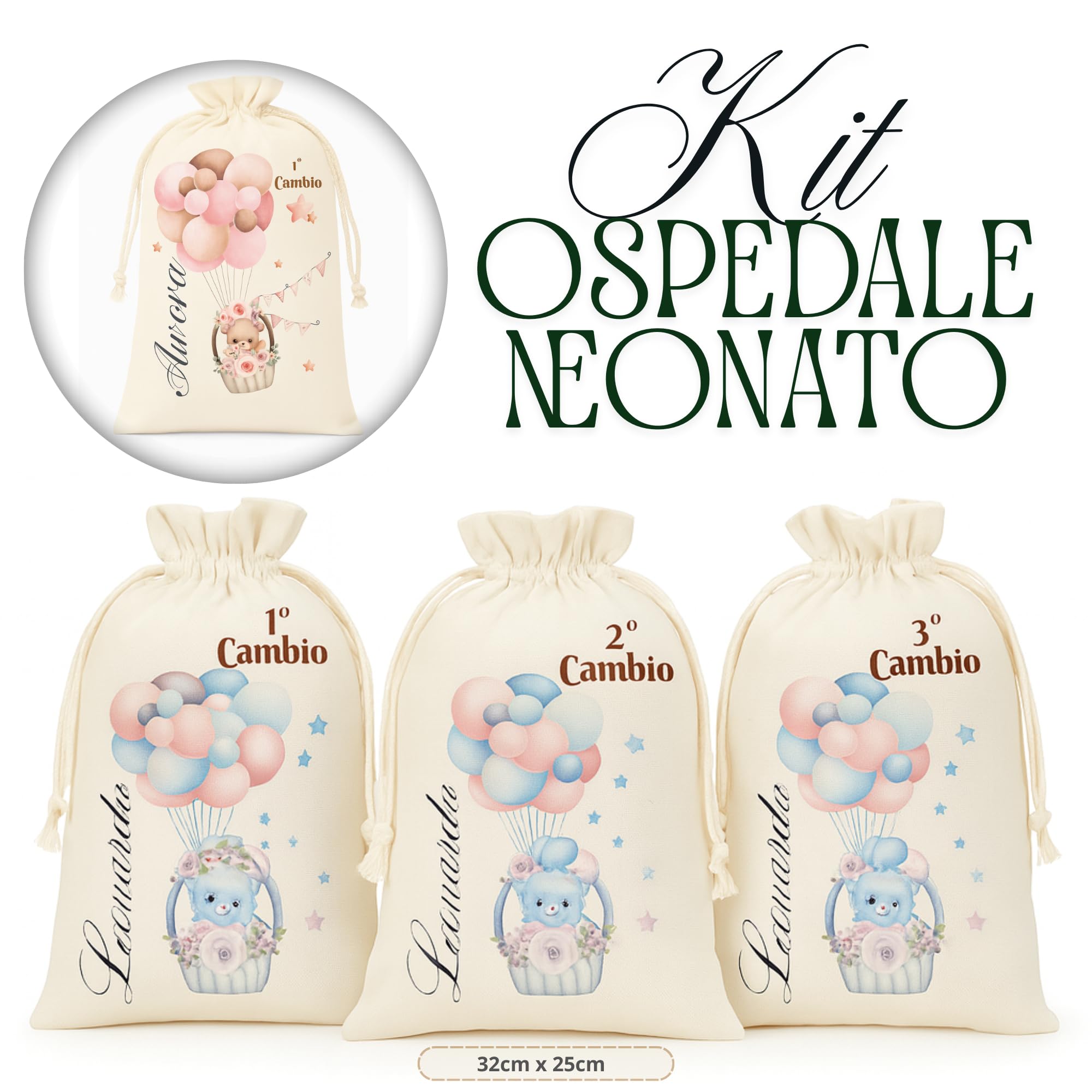 Sacchetti Primo Cambio Ospedale Personalizzati con Nome – Set Nascita Neonato Bimbo/Bimba – Sacchetto Corredino Maternità – Idea Regalo Baby Shower – Made in Italy