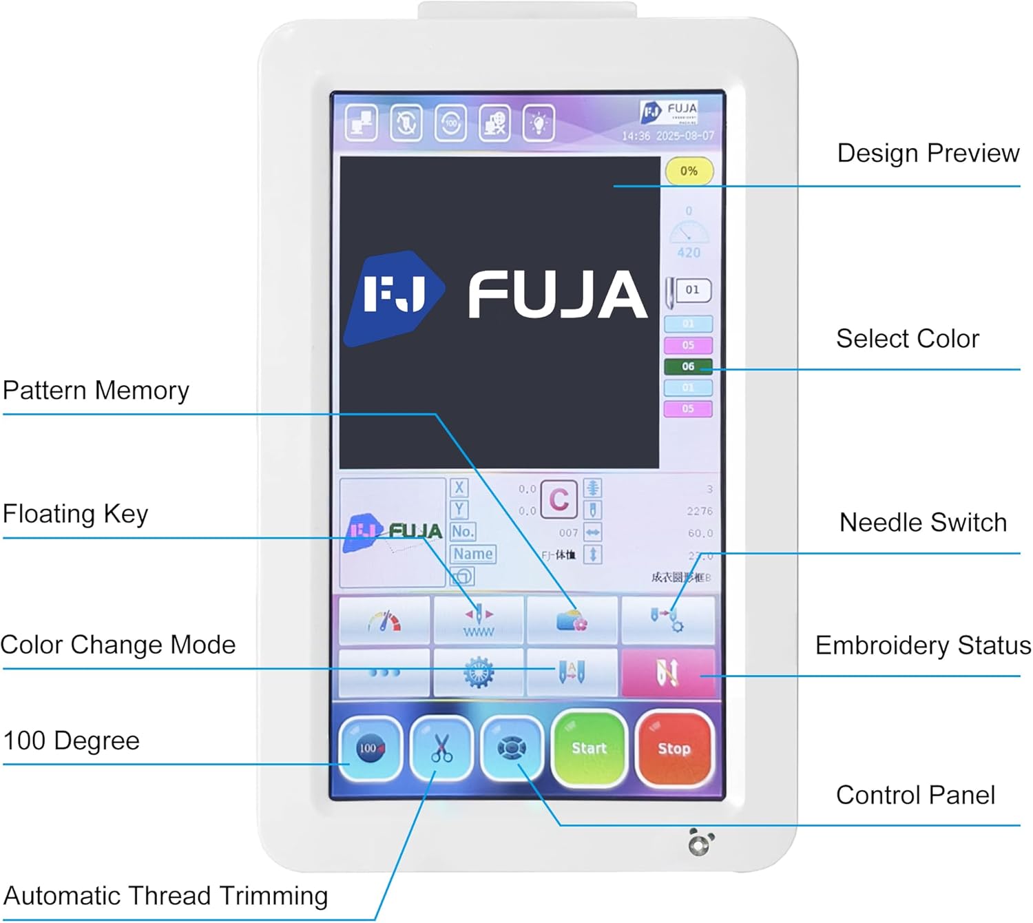 FUJA Household 12 Needles Single Head Embroidery Machine, Embroidery Area 240 × 320MM Max Speed 1200SPM Max Speed 7In Touch Screen Wifi available 3D Caps Flat T shirt Embroidery for Beginners