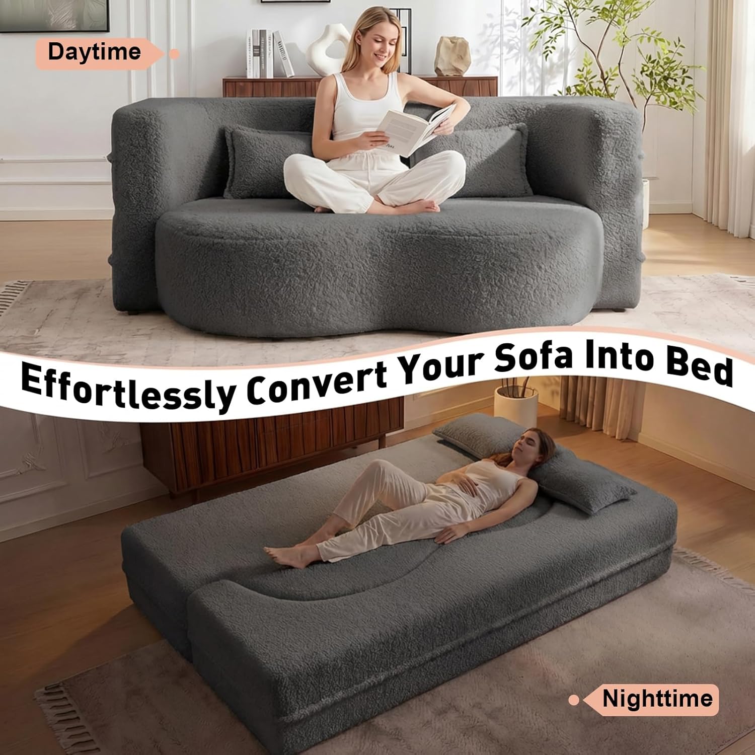 78" Full Size Convertible Folding Sleeper Sofa Bed, Modern Teddy Fabric Futon Sofa Bed with Pillow, Foam Mattress Loveseat Couch, No Assembly Floor Boneless Couches for Living Room, Apartment, Grey