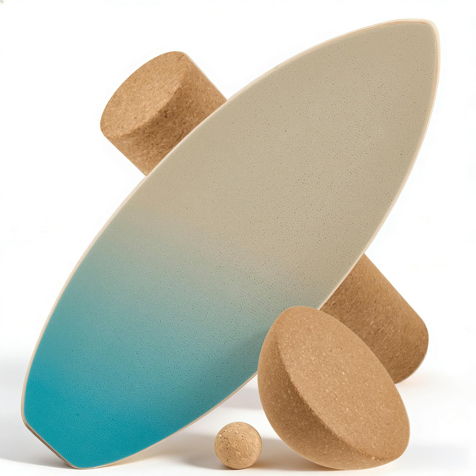 Surf Balance Board Set aus Holz, 3 in 1 Balanceboard mit Korkrolle, Halbkugel und Ball, Indoor Surfbrett für Erwachsene und Kinder, Fishtail Design mit Meeresblau Sandgelb Verlauf,180 kg belastbar