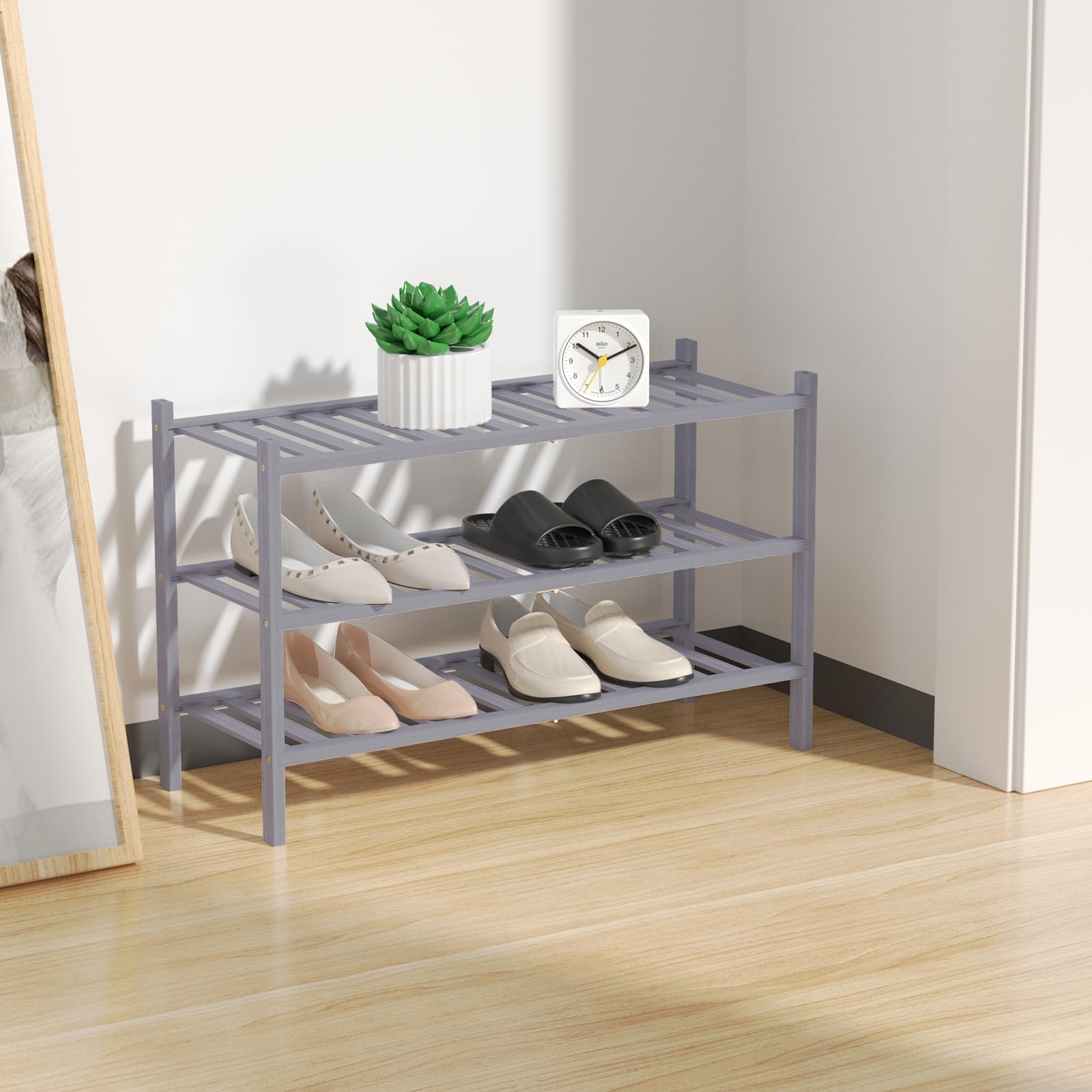 RONGJIA 3-Tier Natural Bamboo Shoe Rack - Stackable Storage Shelf with Multi-Function Combinations - Free Standing Shoe Racks for Convenient Shoe Organization(Gray) 11" D x 27" W x 20" H