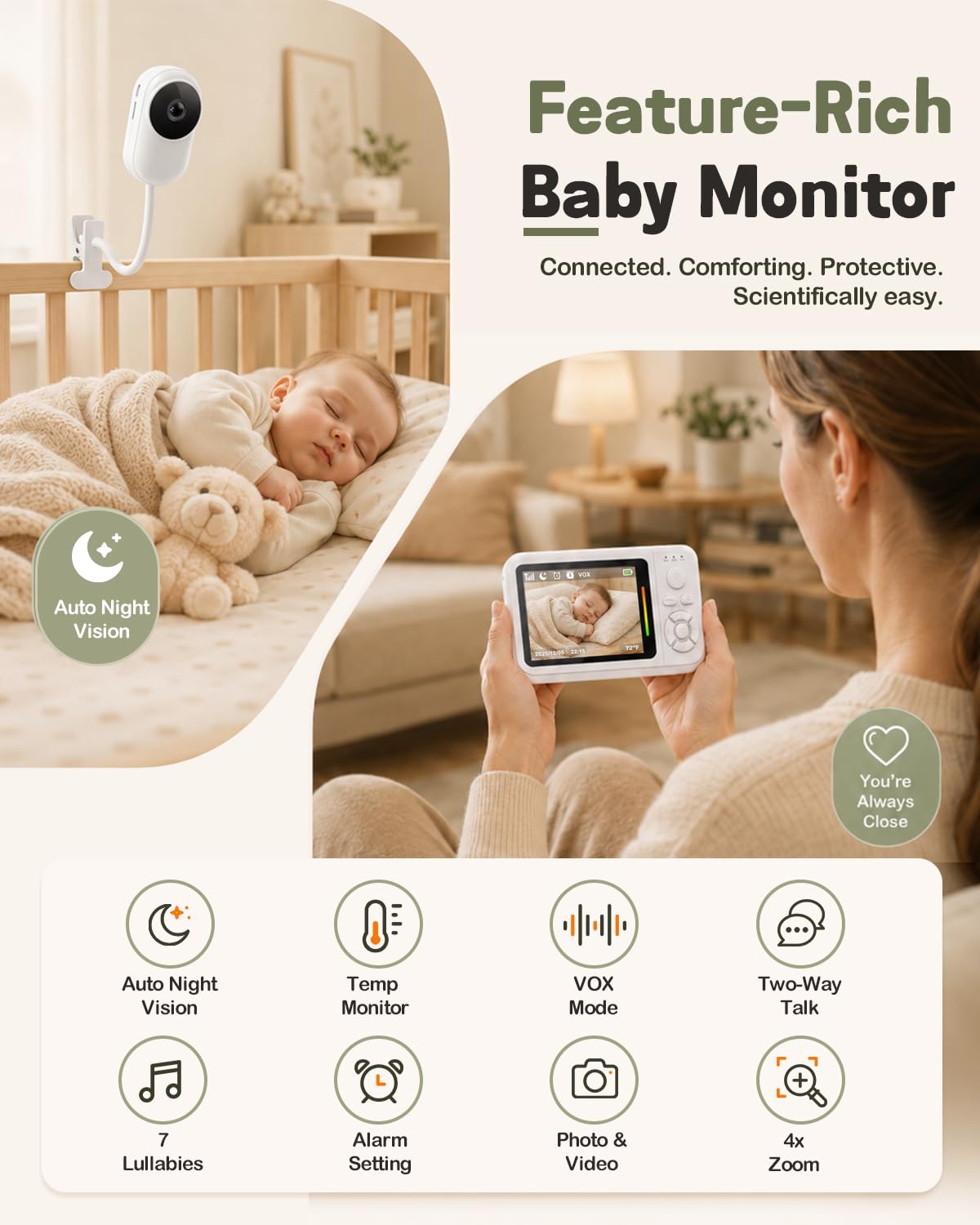 Monitor de bebé con cámara y audio, pantalla de 2.8 pulgadas, monitor de bebé sin wifi con clip para cuna y soporte, cámara portátil de viaje para cama de bebé con visión nocturna automática, VOX