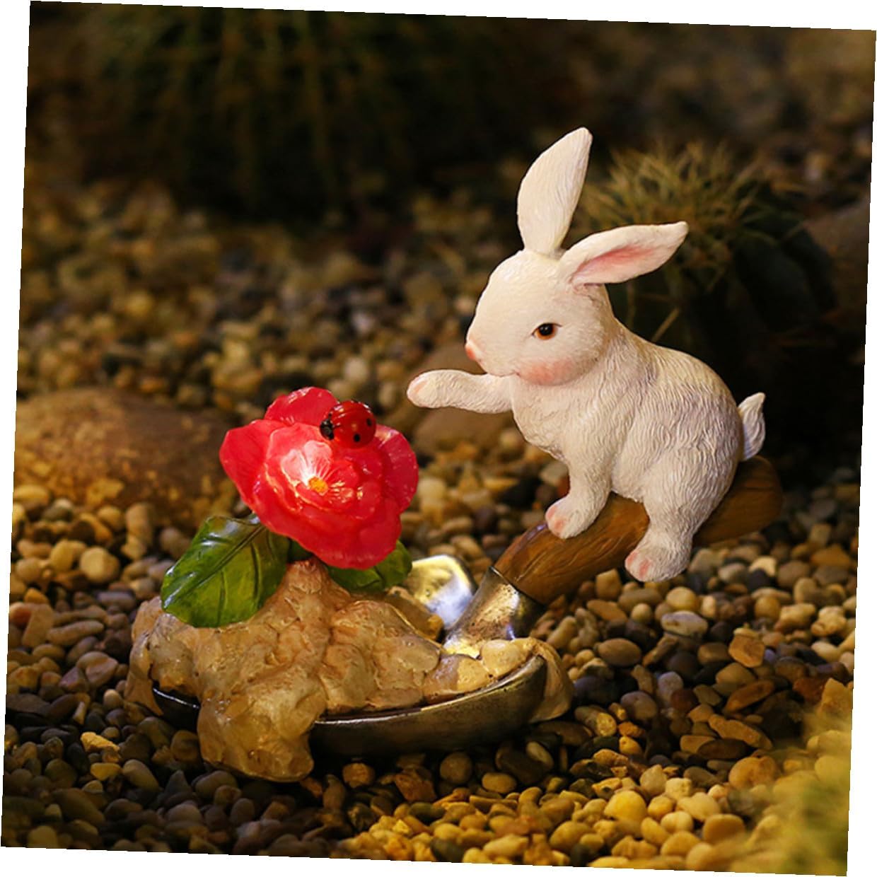 Hemoton Solar Rabbit Garden Lamp Decor, Resin Outdoor Figurine Light for Patio and Balcony, White Sitting Bunny Solar Night Light for Yard and Courtyard Landscaping
