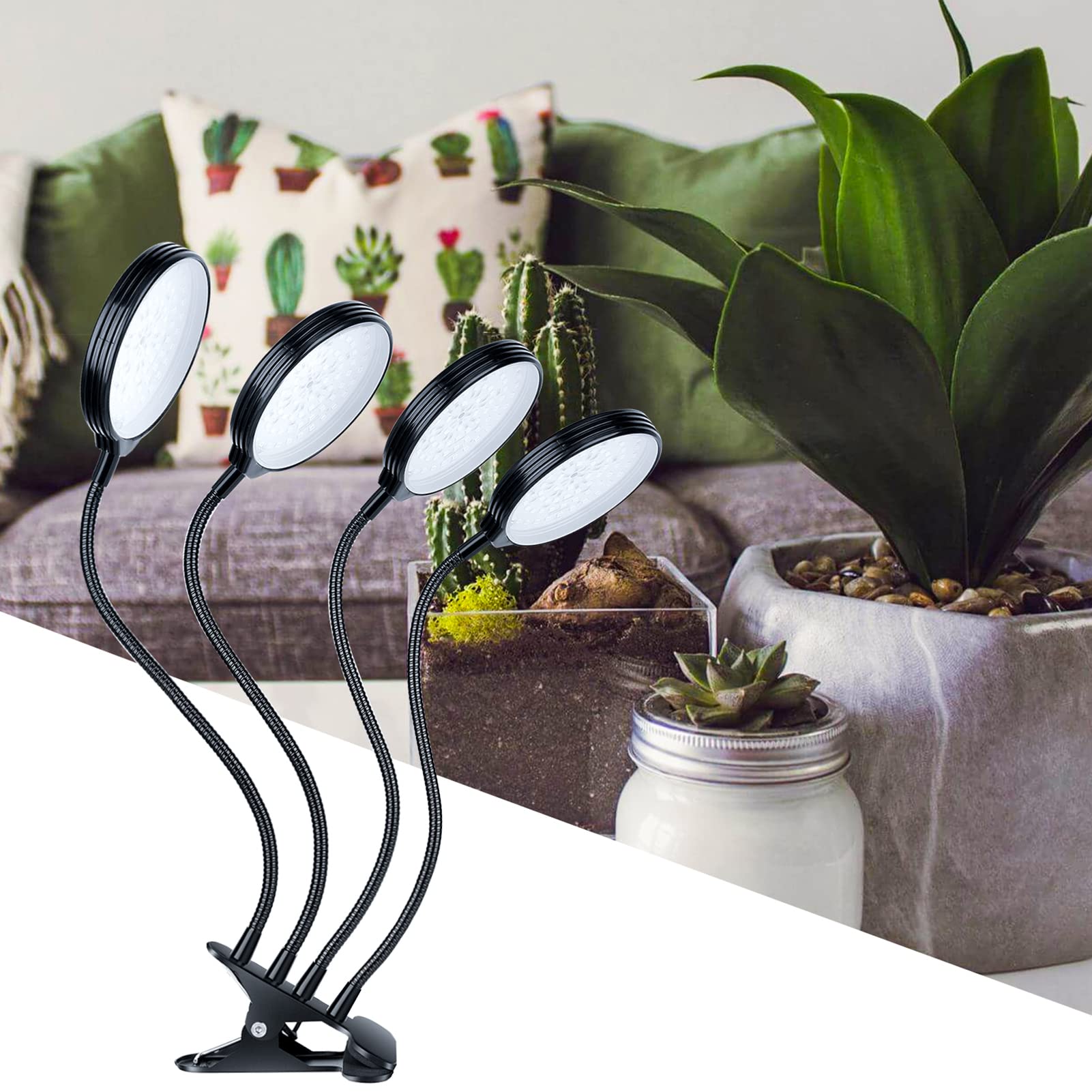 Irfora LED Grow Light para plantas de interior, 60 W, 4 cabezales de LED rojos y azules, encendido y apagado automático con temporizador de 4/8/12H, 3 modos de luz, 5 niveles de brillo, IP66,