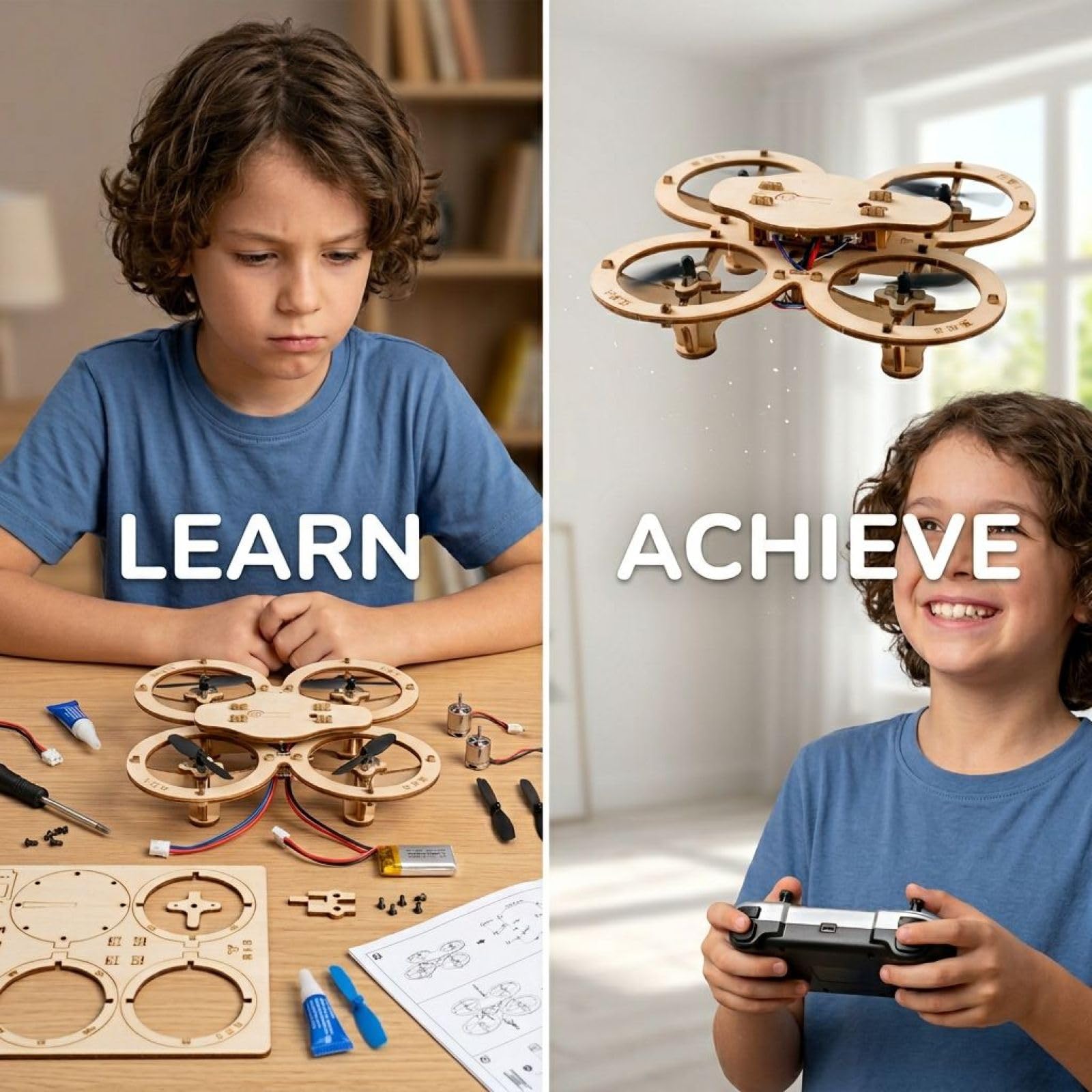 Deskium Holz DIY Quadrocopter Bausatz, leichter RC Quadrocopter, einfacher Aufbau, stabile Fluglage mit fixer Höhe, lehrreiches Modell zum Mitmachen, MINT Projekt für Naturwissenschaften