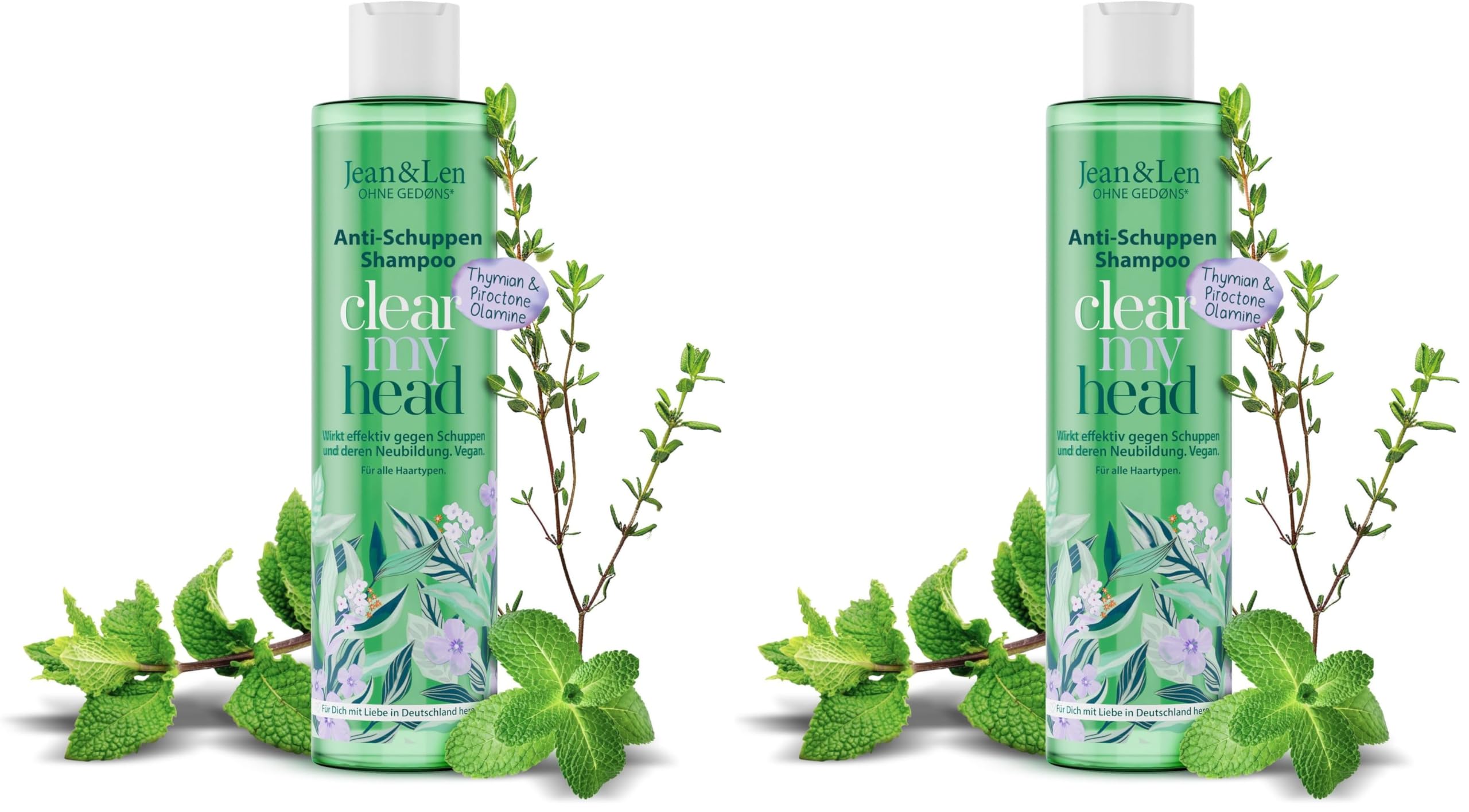 Jean & Len Anti-Schuppen Shampoo Thymian & Minze, vegane Pflegeformel, mit Piroctone Olamine, gegen Schuppen, für die tägliche Haarwäsche geeignet, ohne Parabene & Silikone, vegan, 300 ml
