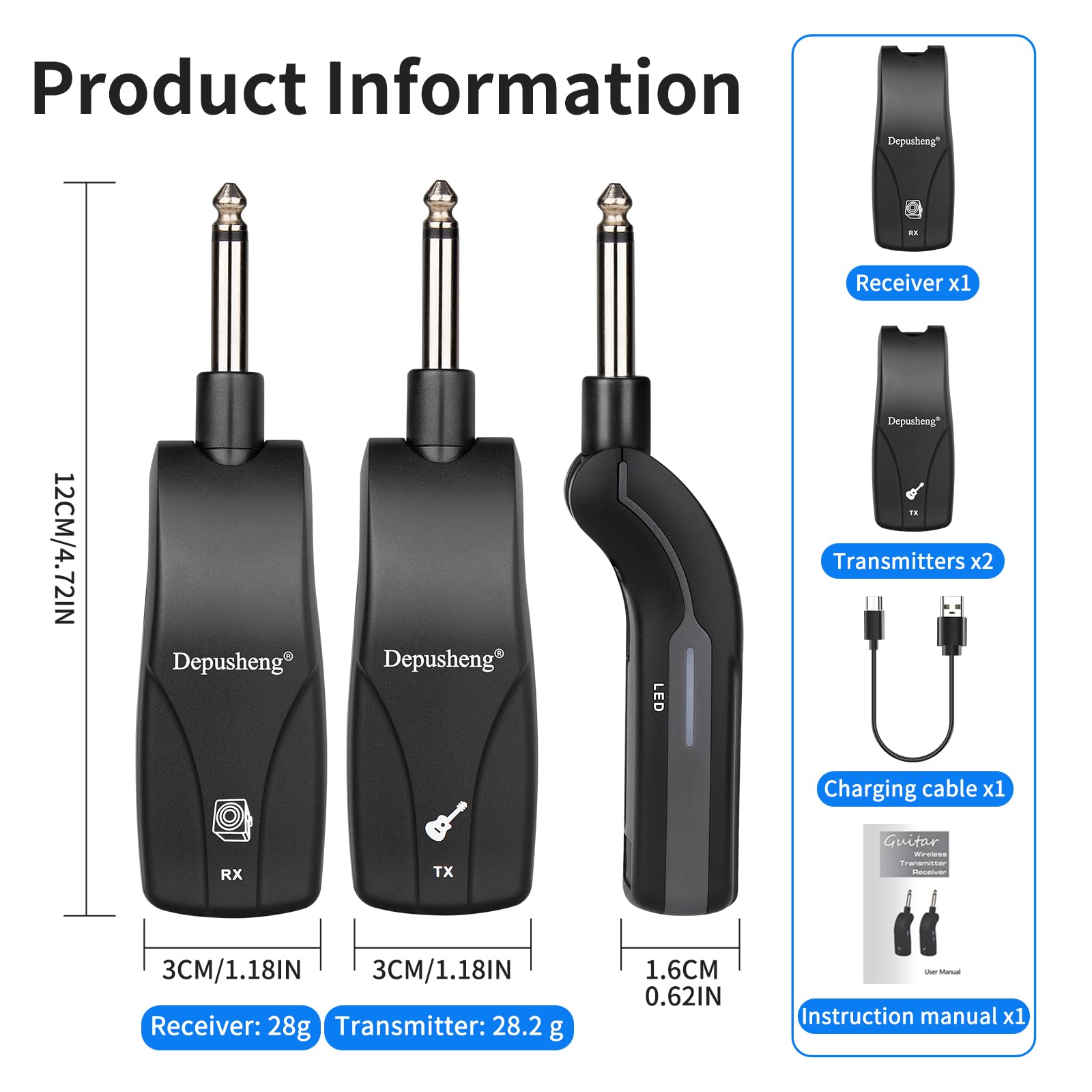 Depusheng GT1 2,4 GHz Wireless Guitarra Sistema Silenciador Receptor + 2 Transmisores, Batería 10h USB-C, para Guitarra eléctrica, bajo, Ukelele (Receptor + 2 transmisores)