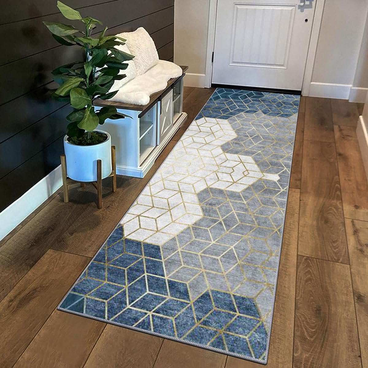 Tapis De Couloir Géométrie Or Gris Noir Blanc Tapis Couloir Long,Tapis Cuisine Devant Evier Lavable Tapis De Cuisine Long Antidérapant Tapis De Passage pour Chambre Adulte Salonm，120x180cm