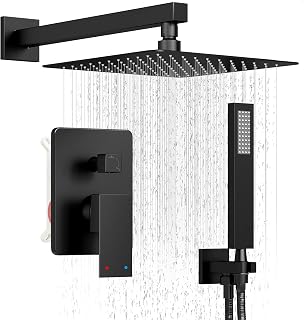 HoliSpa Matte Black 10-Inch Rain Shower System with Handheld Spray - High-Pressure Wall Mount Faucet Set, Valve & Trim Included
