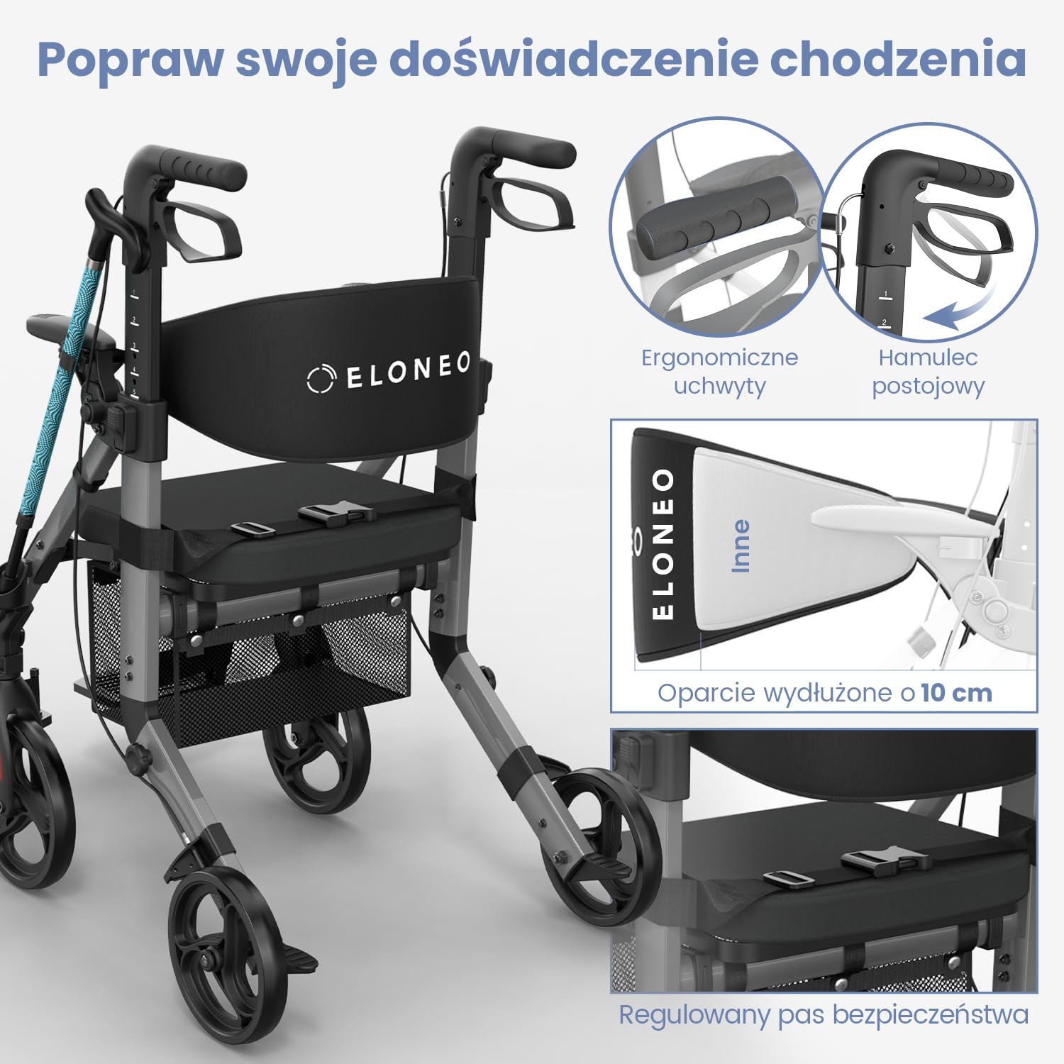ELONEO 2 w 1 Wózek inwalidzki i balkonik rehabilitacyjny składany i lekki z siedziskiem, terenowy rollator wózek inwalidzki składany lekki na każdy teren, wózek transportowy, szary