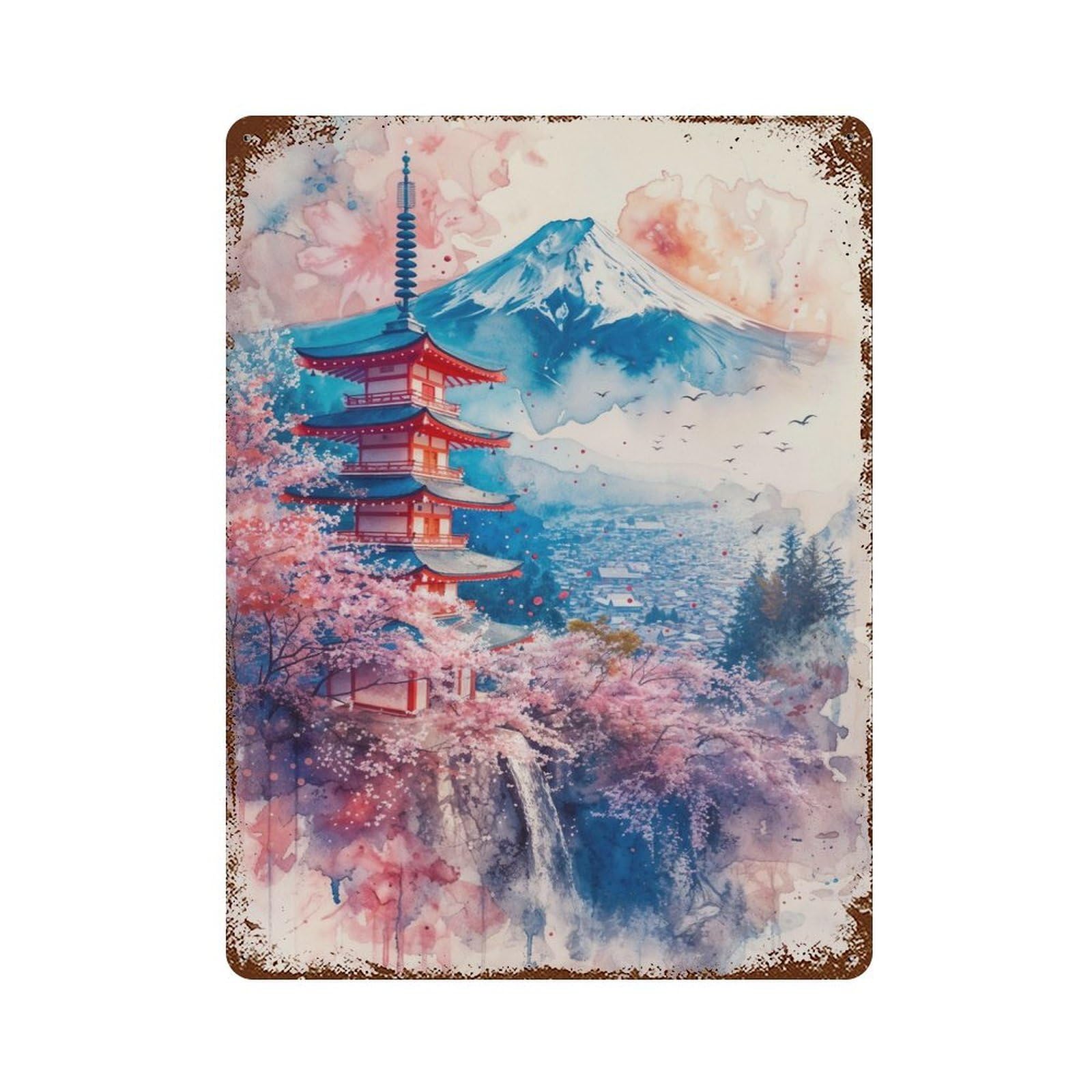 Japan Fuji Watercolor Rusty Metal Tin Sign 15.7"x11.8", Ideal for Pub, Kitchen And Man Cave Decor
