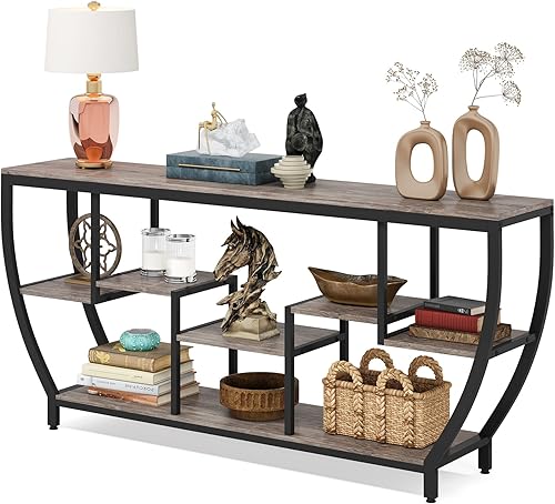 Miniatura 8 de Tribesigns Mesa de sofá de 70.9 pulgadas de largo con estantes, mesa consola rústica con almacenamiento, mesa de entrada industrial, soporte de TV,
