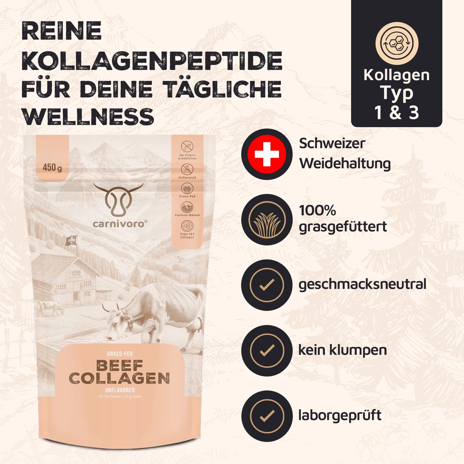Carnivoro Lot de 2 poudres de collagène de bœuf [450 g] + tasse Carnivoro - Hydrolysate de collagène de qualité supérieure de Suisse - Peptides de type 1 et 3 - Très bonne solubilité - Sans goût