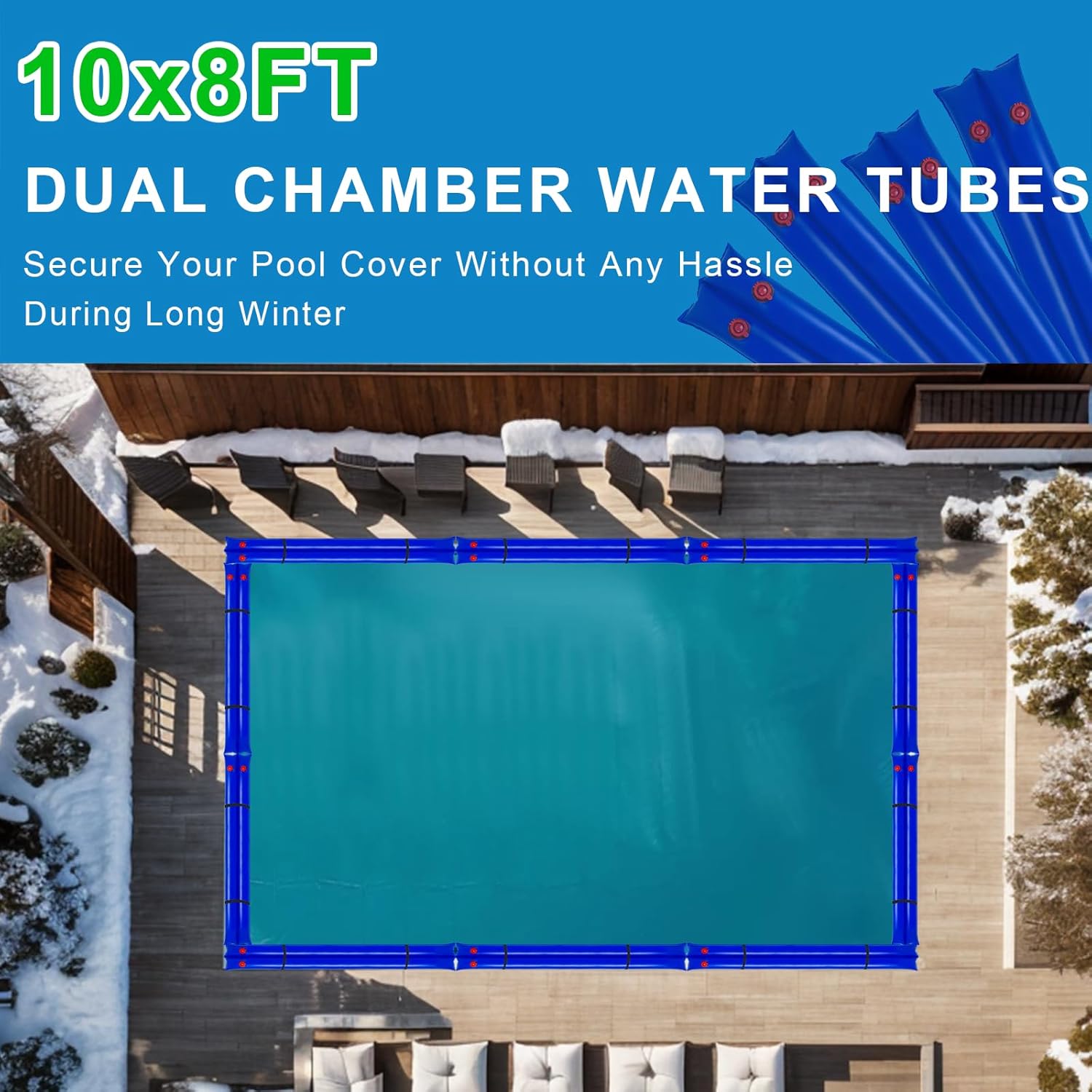 8Ft Pool Water Bags,0.4mm Double Chamber Water Tubes for Inground Pool Cover 27Gauge Extra Durable Pool Cover Weights for Winter Pool Cover Closing (Blue, 10Packs-8Ft)