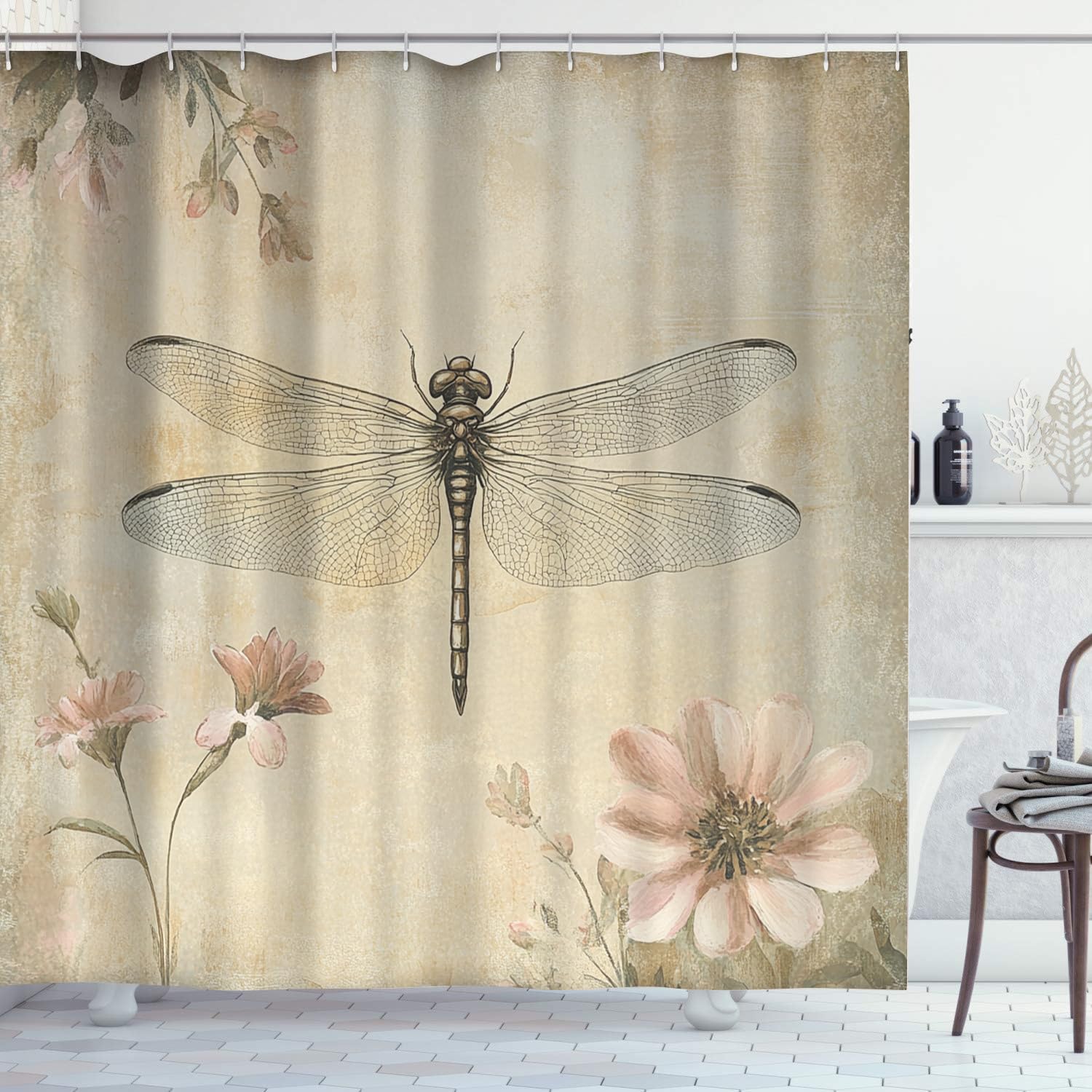365CUSGIFTS Vintage Botanical Dragonfly Shower Curtain Cream Tan Beige Blue Grey White Watercolor Flower Fabric Shower Curtains Set for Bathroom with