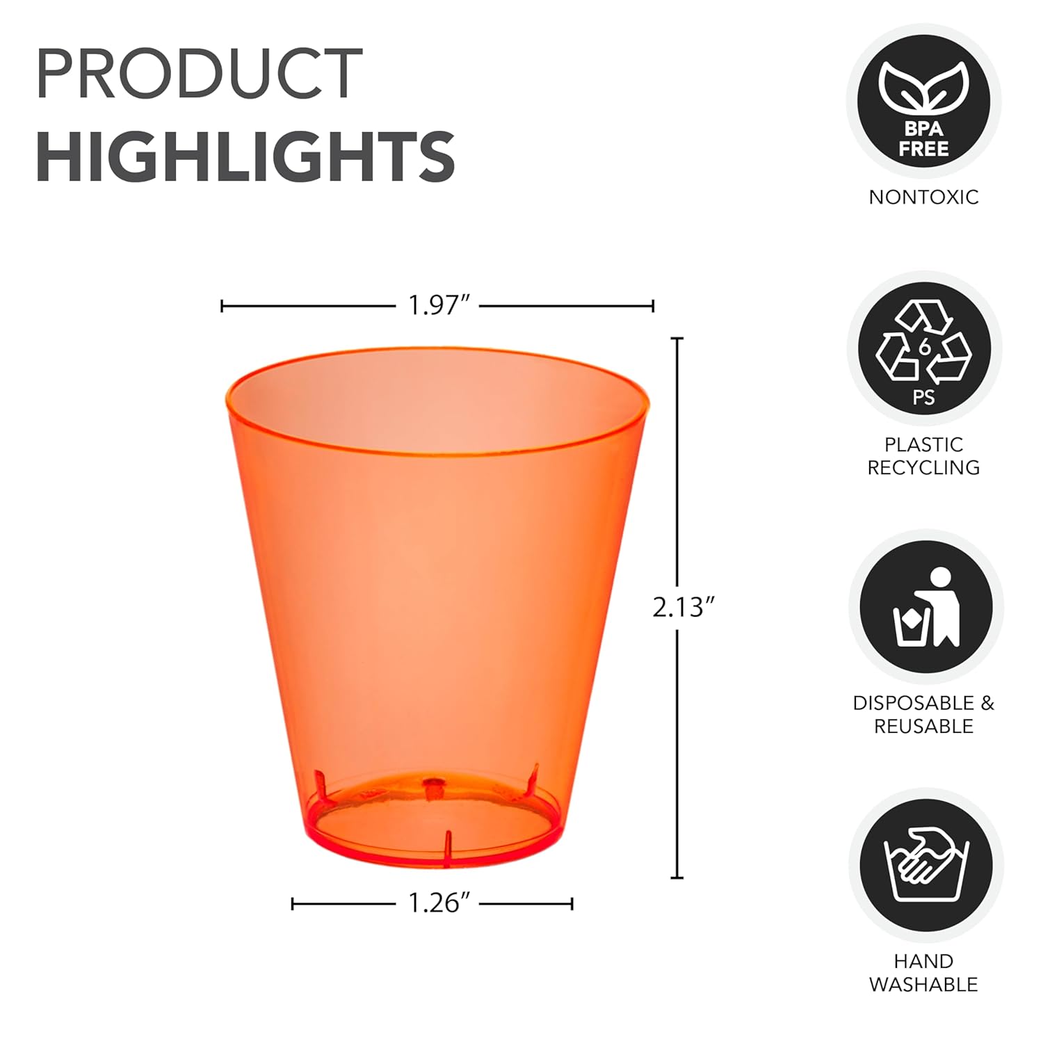 Party Essentials N25055 Brights Plastic Shot Glass, 2 oz. Capacity, Neon Orange (20 Packs of 50)