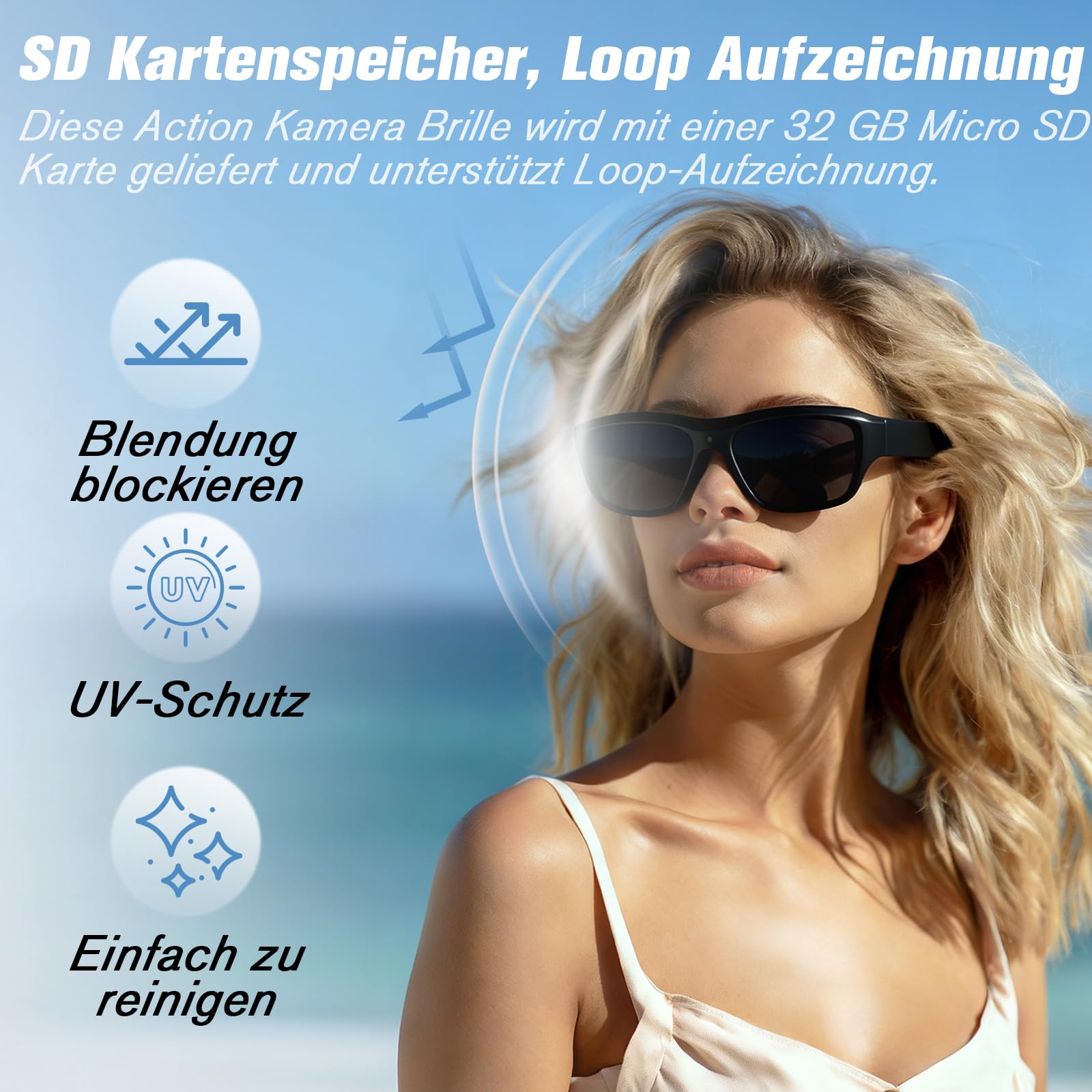 Action Cam, 32GB Sportbrille mit Kamera, Mini Actionkamera 1080P HD, Kleine Videokamera Sonnenbrille Kamera Videoaufzeichnungsbrille unterstützt Foto für Outdoor Aktivitäten UV-Filter