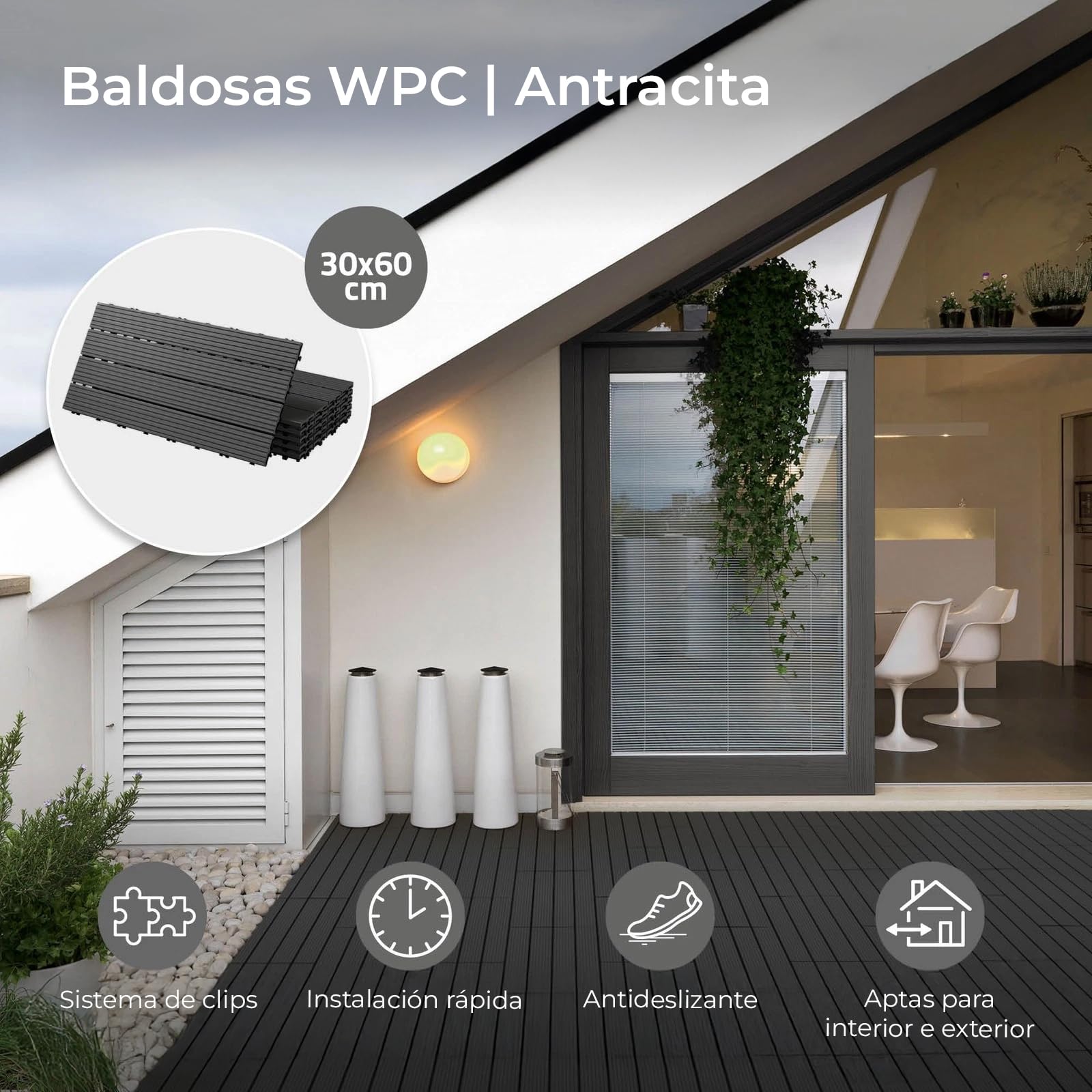 YOEVU - Baldosas de Exterior de Madera Composite WPC | Antideslizantes y Resistentes al Agua | Fácil Instalación | 1.08m² | Set de 6, Patio y Jardín, 30X60cm (Antracita)