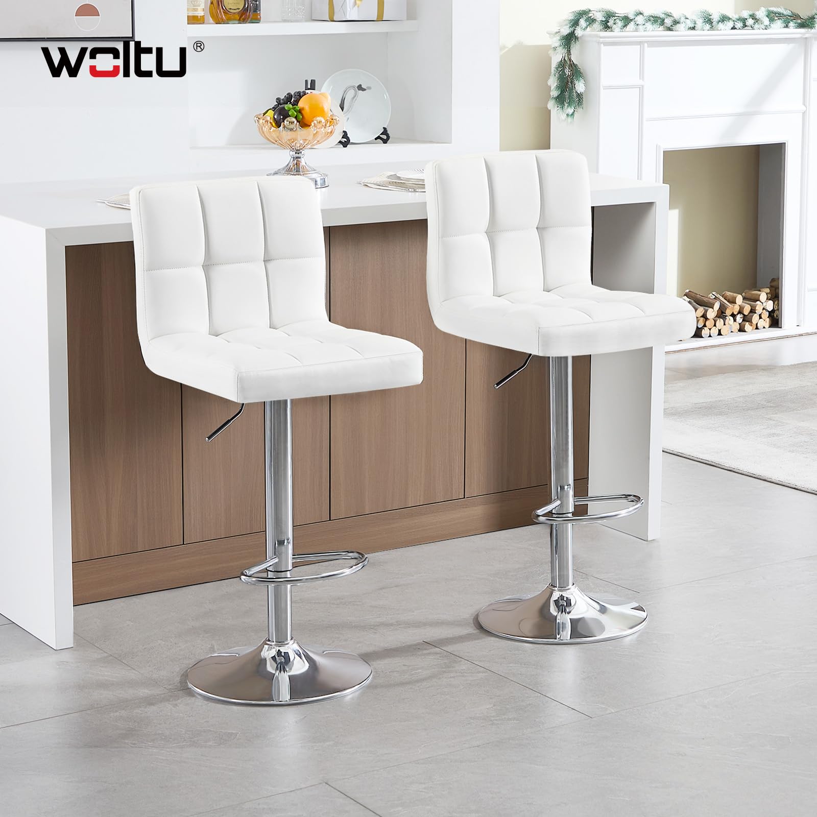 WOLTU Taburete de Bar Giratorio con Respaldo y Reposapies, Blanco | con Reposapiés, para Comedor, Salón y Cafetería