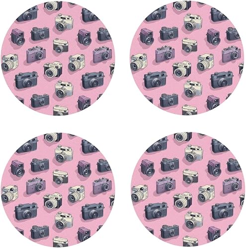 Leather Coasters Set of 4 - Retro Camera Pink Print Lightweight Drink Coasters for Desk, Non-Slip Anti-Scalding Desk Coaster Cup for Office Table