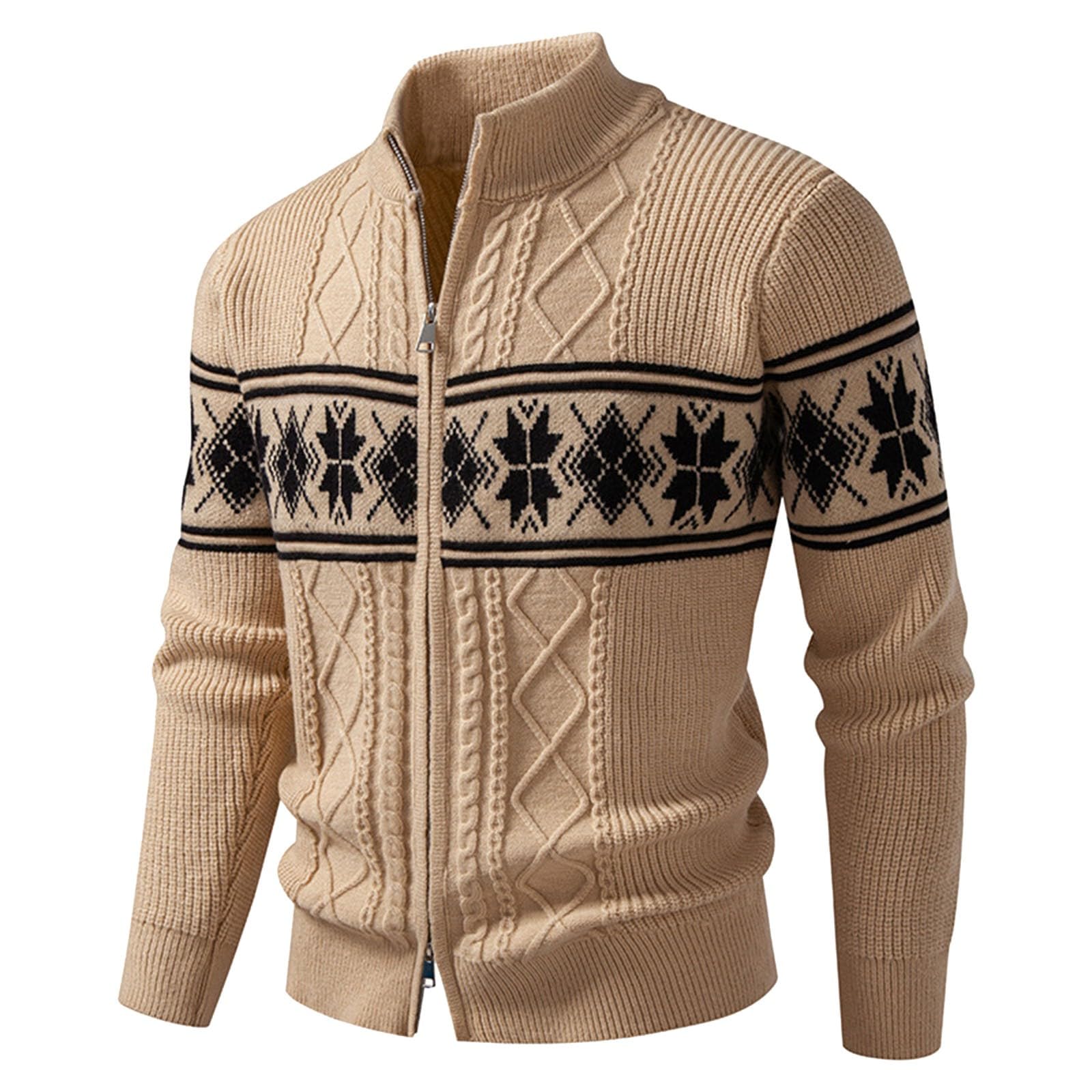 Cappotto in maglia jacquard con collo alto, caldo e strutturato, modello pullover, capospalla per stile casual.