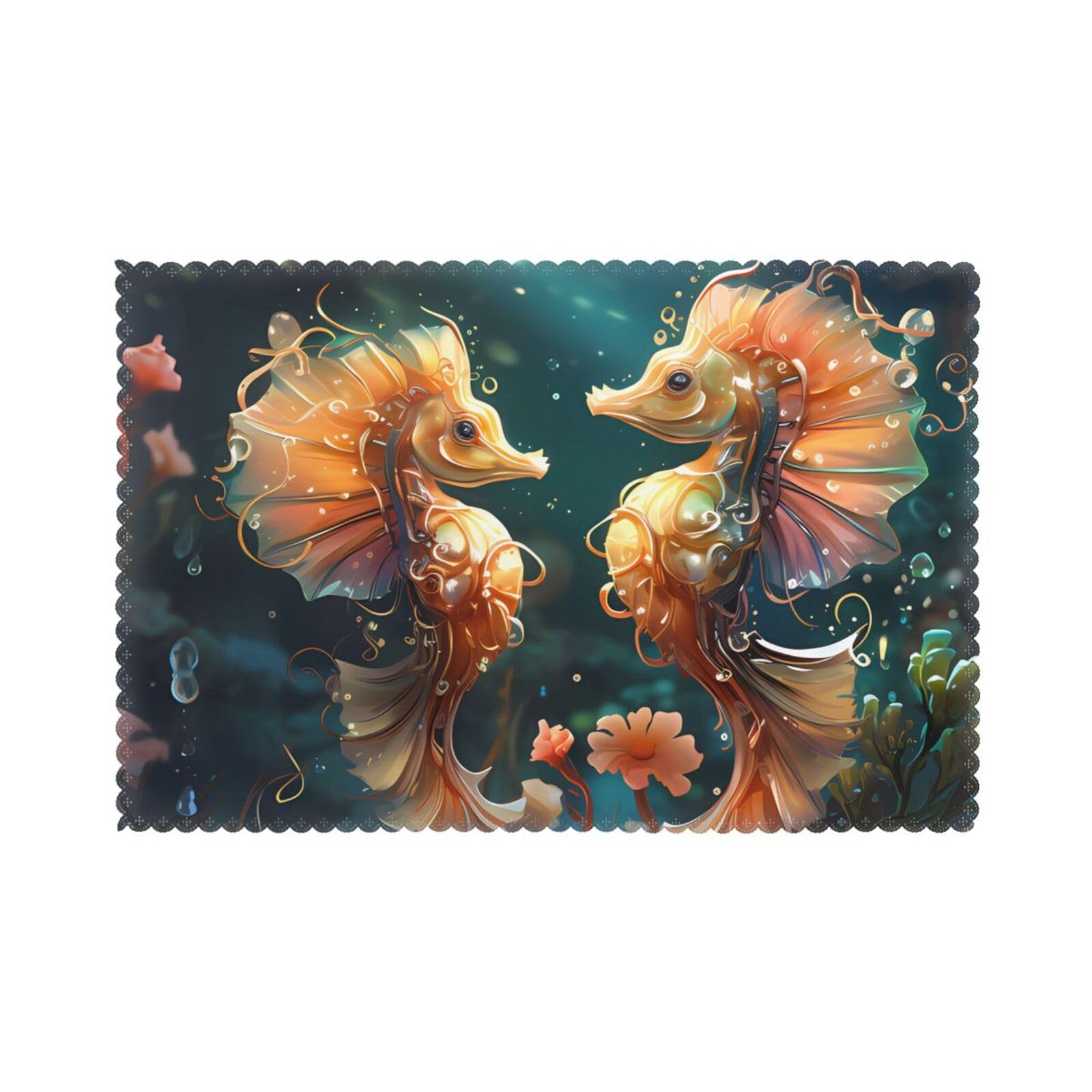 Beautiful Seahorse Couple Placemat set of 6, oil-proof and insulated dining table placemats, washable and wipeable.