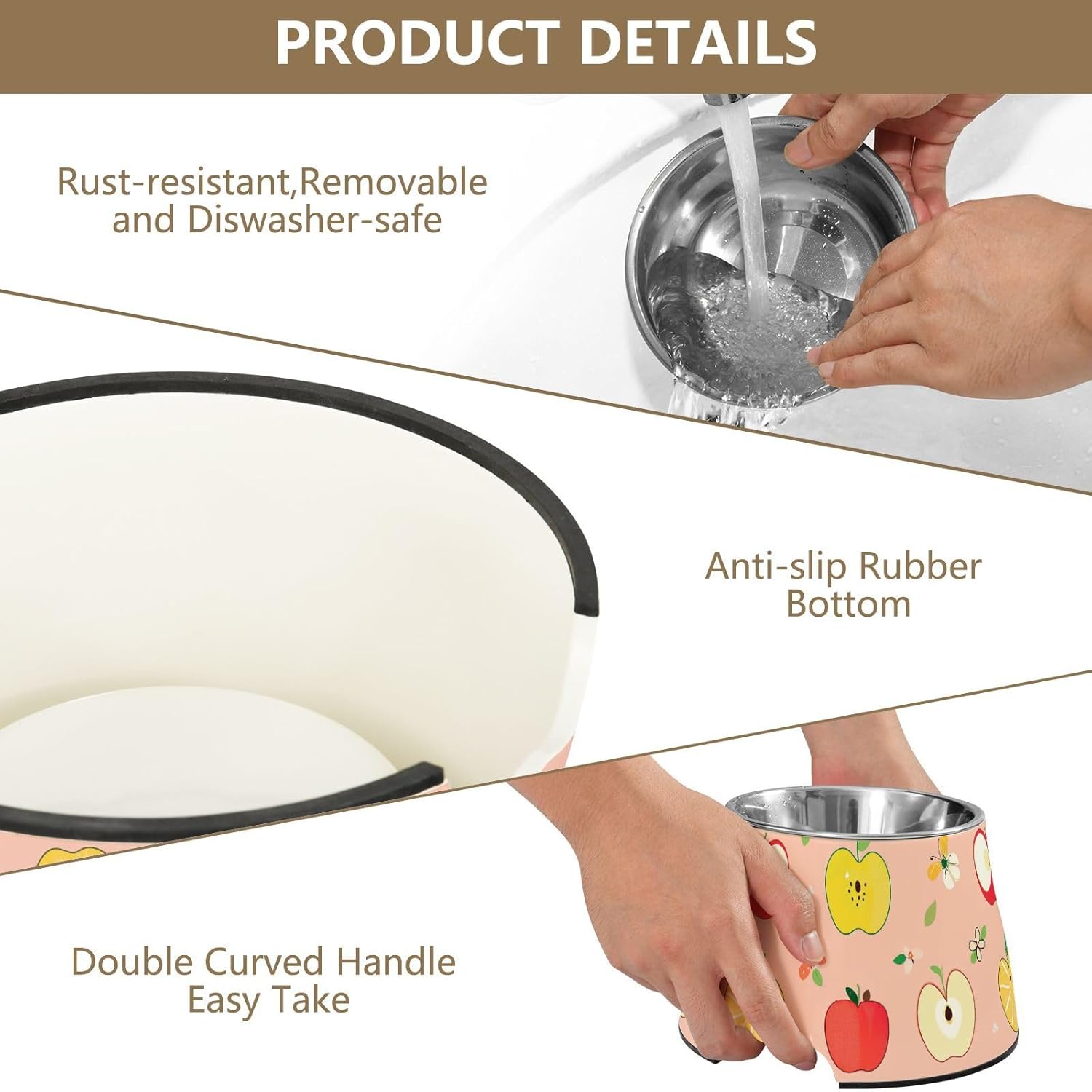 Cute Apples Fruit Peach Dogs Food Water Bowl Non Slip Stainless Steel Cats Basic Bowls for Slow Feed Cats Comfort Feeding