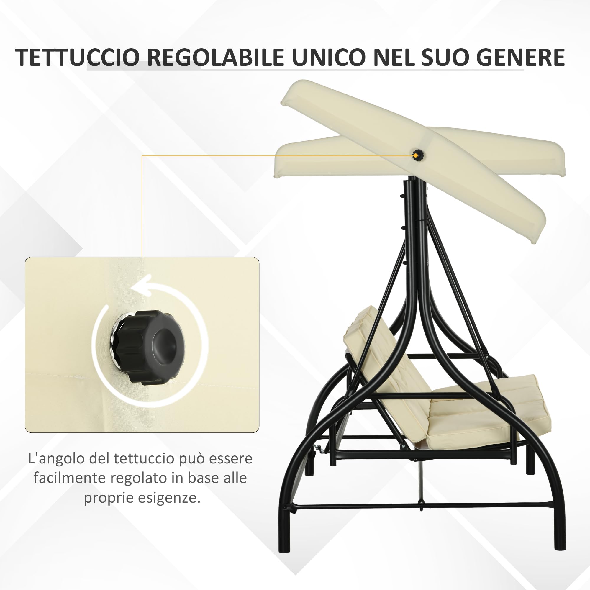 Outsunny Dondolo da Giardino 3 Posti, Dondolo Letto per Esterni con Tettuccio Regolabile, in Metallo e tessuto Teslin, Beige e Nero