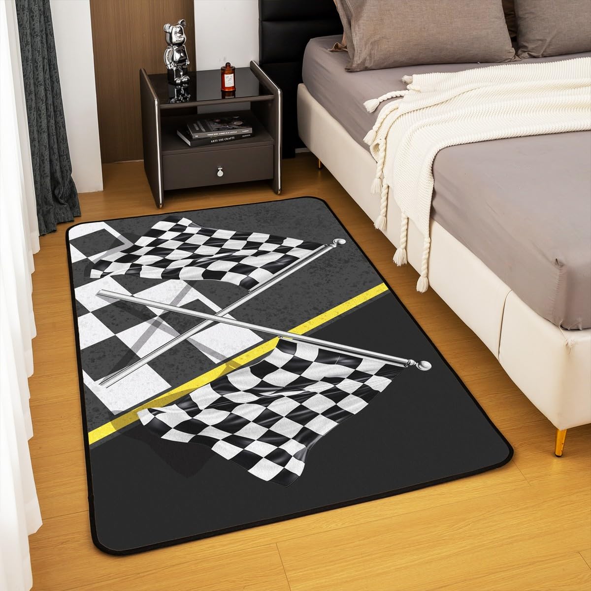 Dekorativer Teppich mit Rennwagen-Flagge, 1,2 x 1,8 m, schwarz-weiß karierte Flagge, Bodenmatte für Spielzimmer, Nachttisch, Sofa, Schlafzimmer, Rennspiel, Sport, Thema, fusselfrei, Teppich für