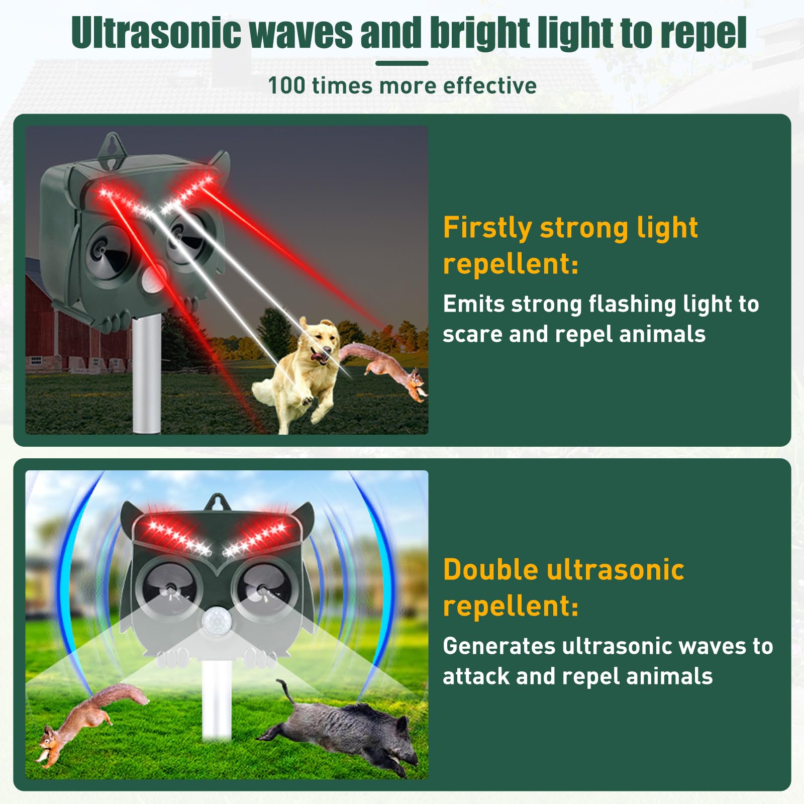 Répulsif pour chats pour jardins, répulsif à ultrasons solaires pour animaux d'extérieur, répulsif pour chats avec piquet et lumière LED clignotante étanche, pour écureuils de cour, chats, renards