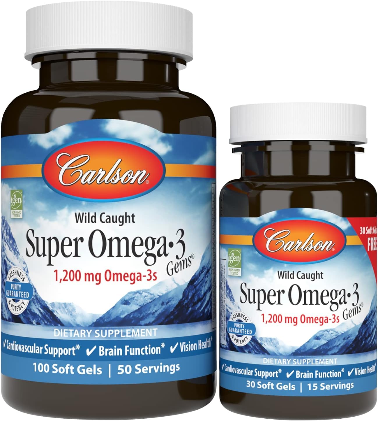 Carlson Super Omega-3 Gems, noruego, 1200 mg de omega-3, 100 + 30 cápsulas blandas (regulares)