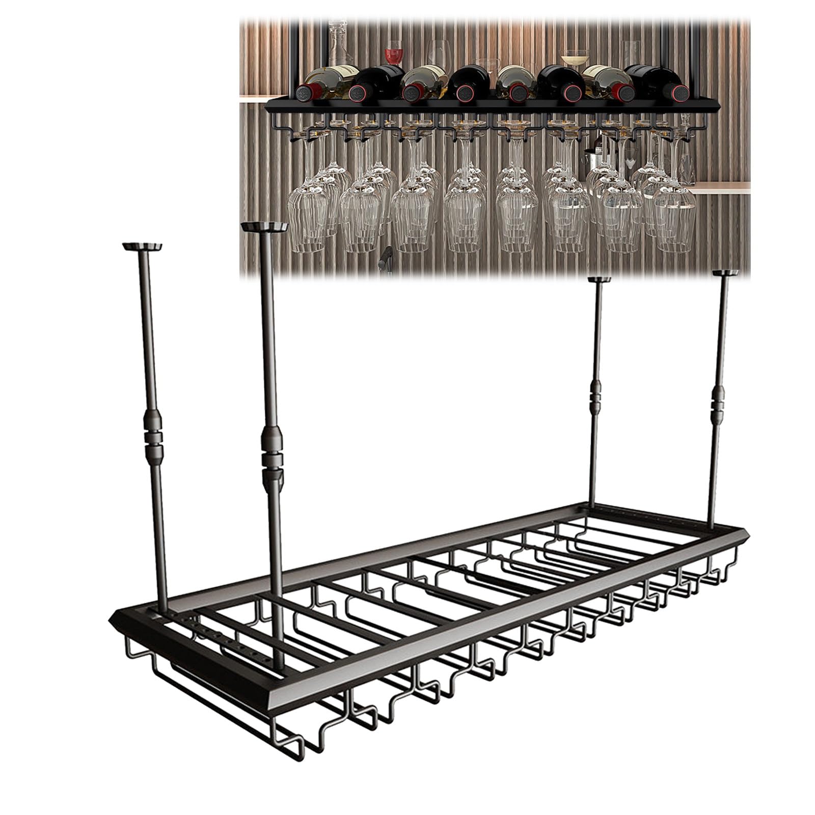 ASYJVWYZ Hanging Wine Rack With Stemware Glass Holder, Industrial Ceiling-Mounted Wine Bottle Organizer, Adjustable Bar Storage Shelf(Style A,100x30cm/39x12in)
